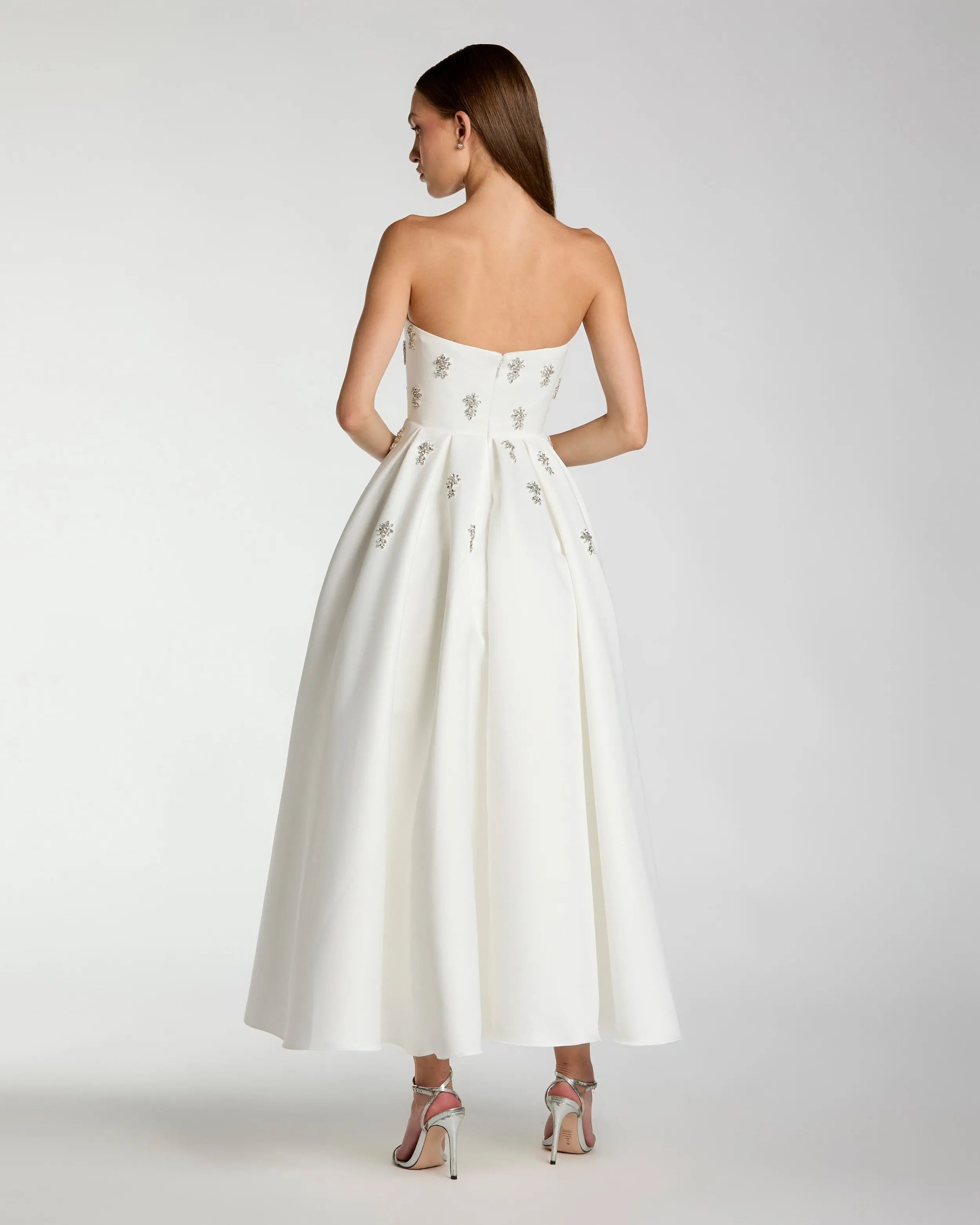 White Crystal Embellished Strapless Satin A-Line Dress-Myartka