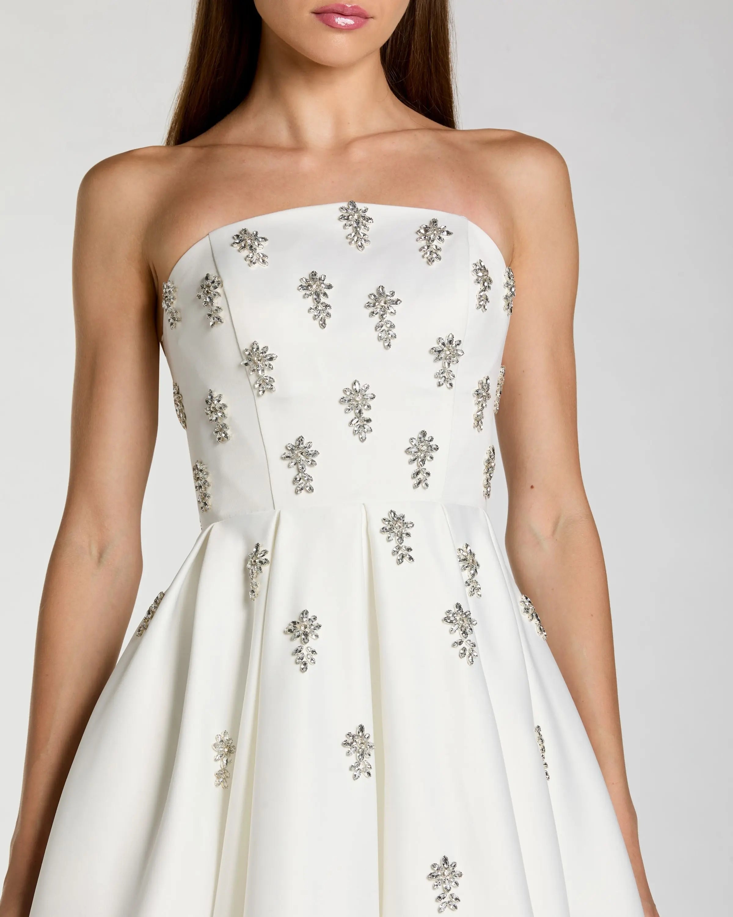 White Crystal Embellished Strapless Satin A-Line Dress-Myartka