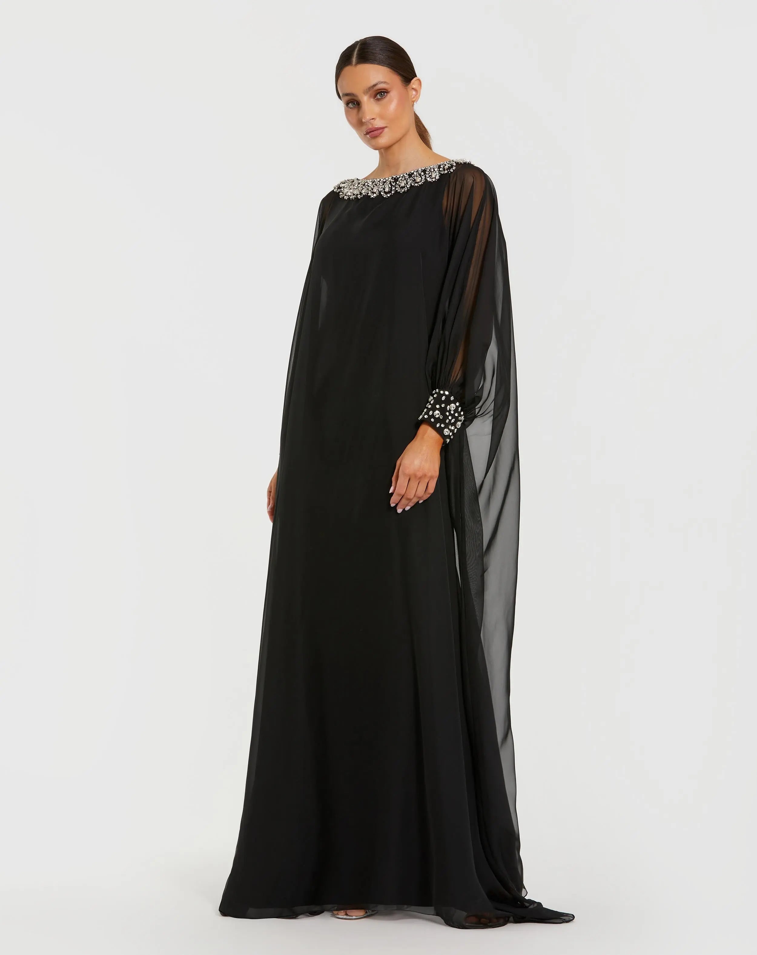 Black Long Sleeve Embellished Chiffon Kaftan Gown-Myartka