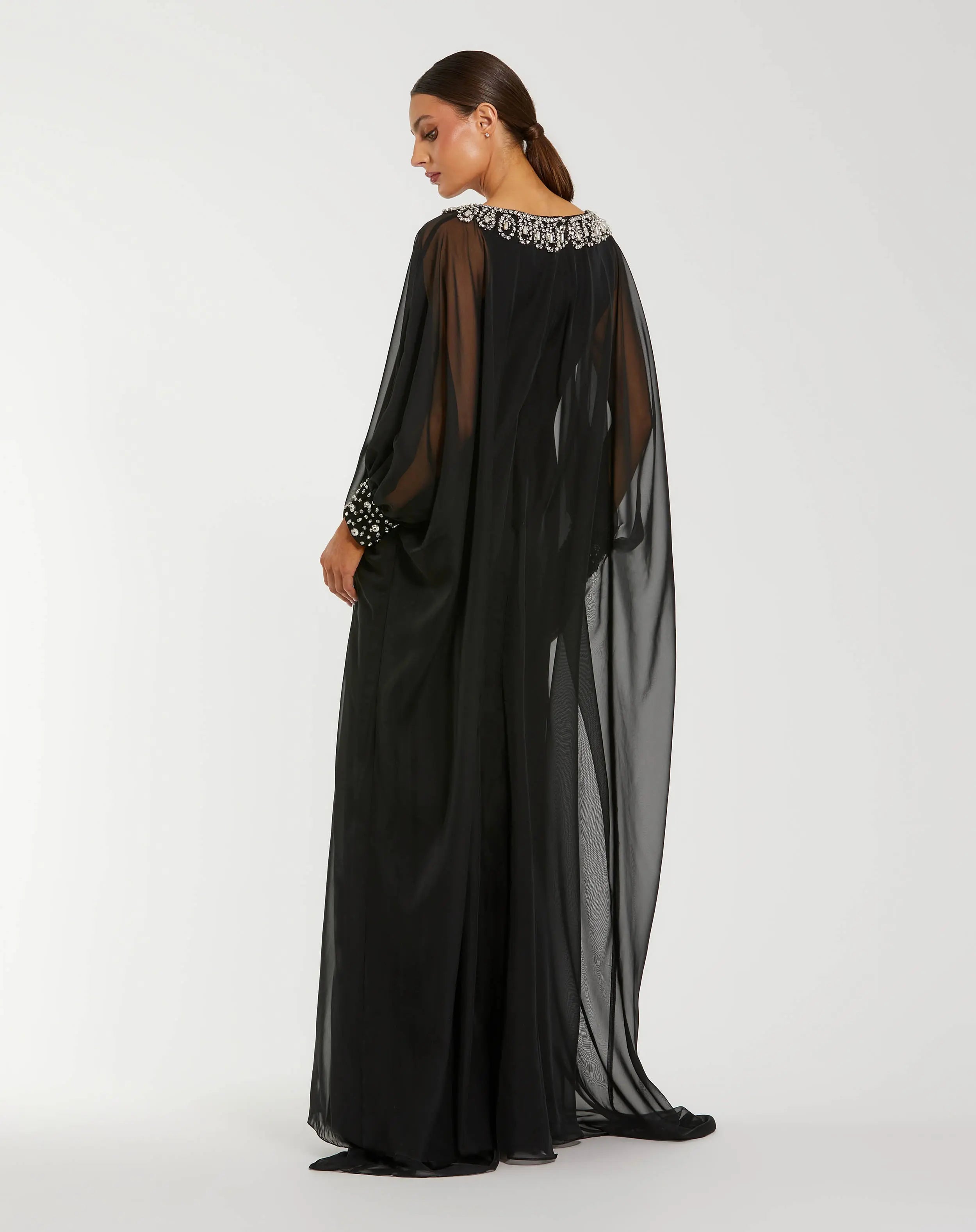 Black Long Sleeve Embellished Chiffon Kaftan Gown-Myartka