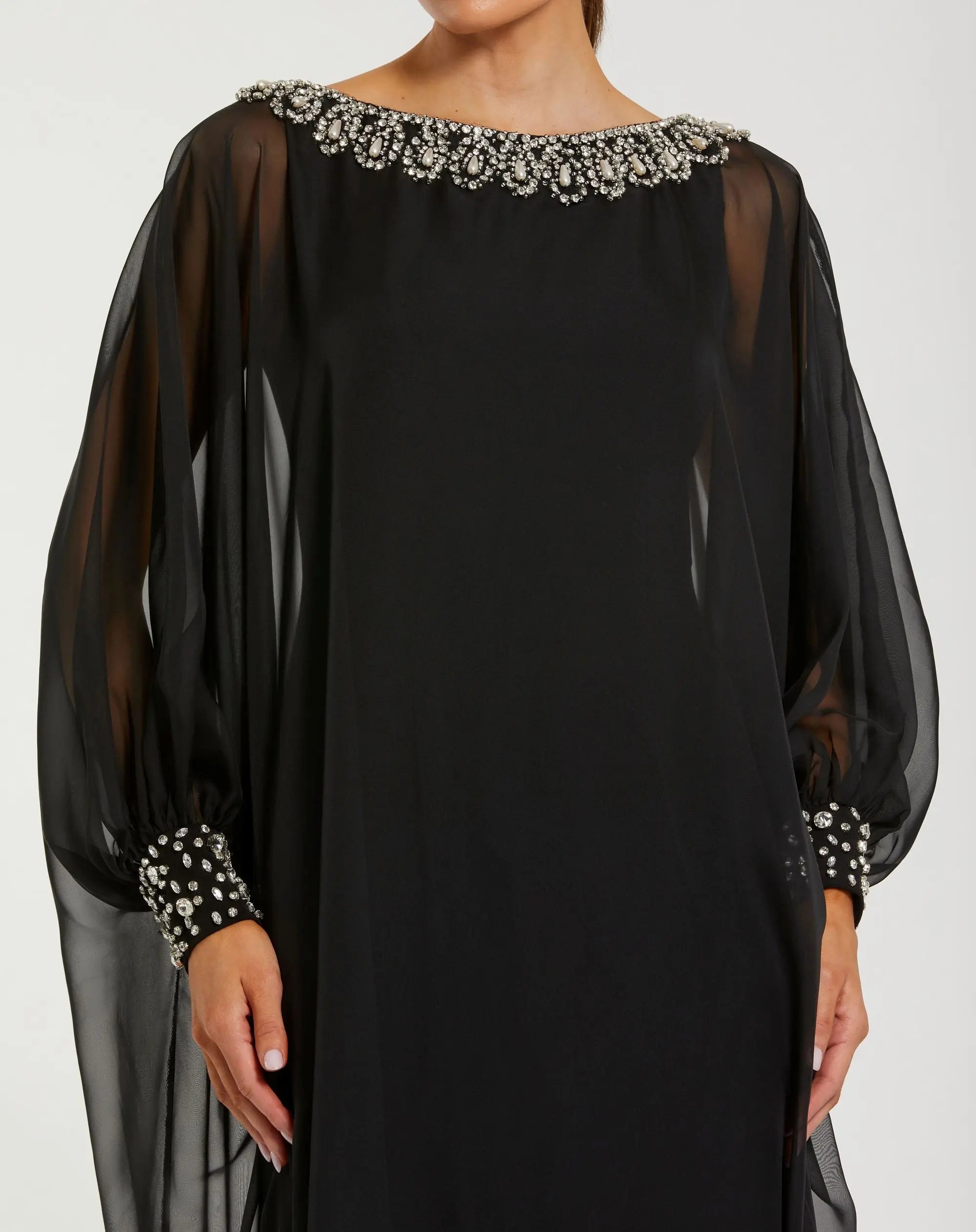 Black Long Sleeve Embellished Chiffon Kaftan Gown-Myartka