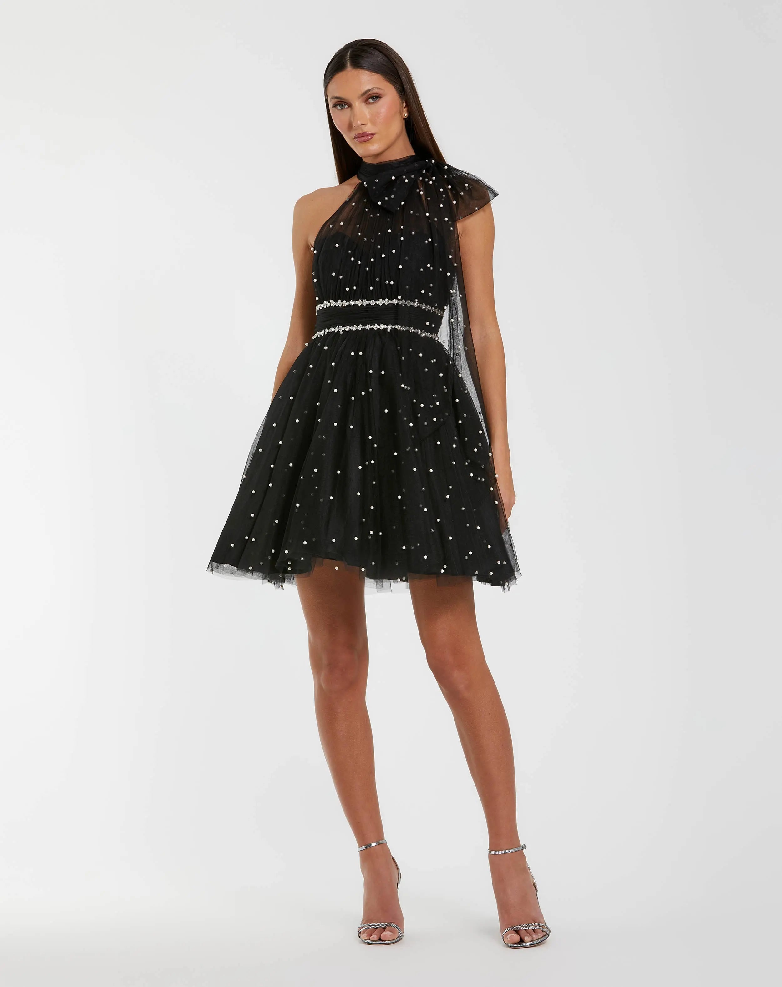 Black Pearl Embellished A Line Mini Dress with Bow-Myartka