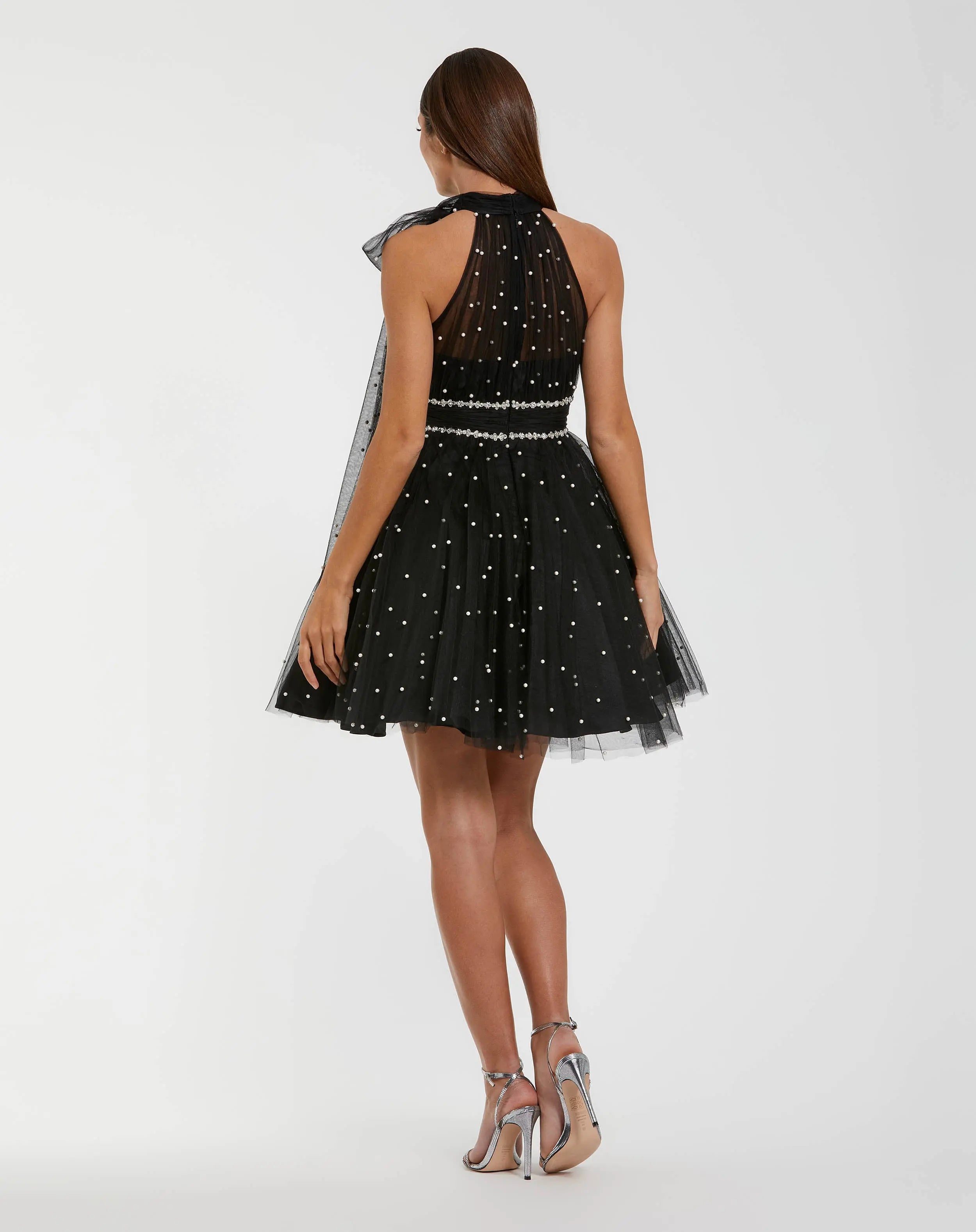 Black Pearl Embellished A Line Mini Dress with Bow-Myartka