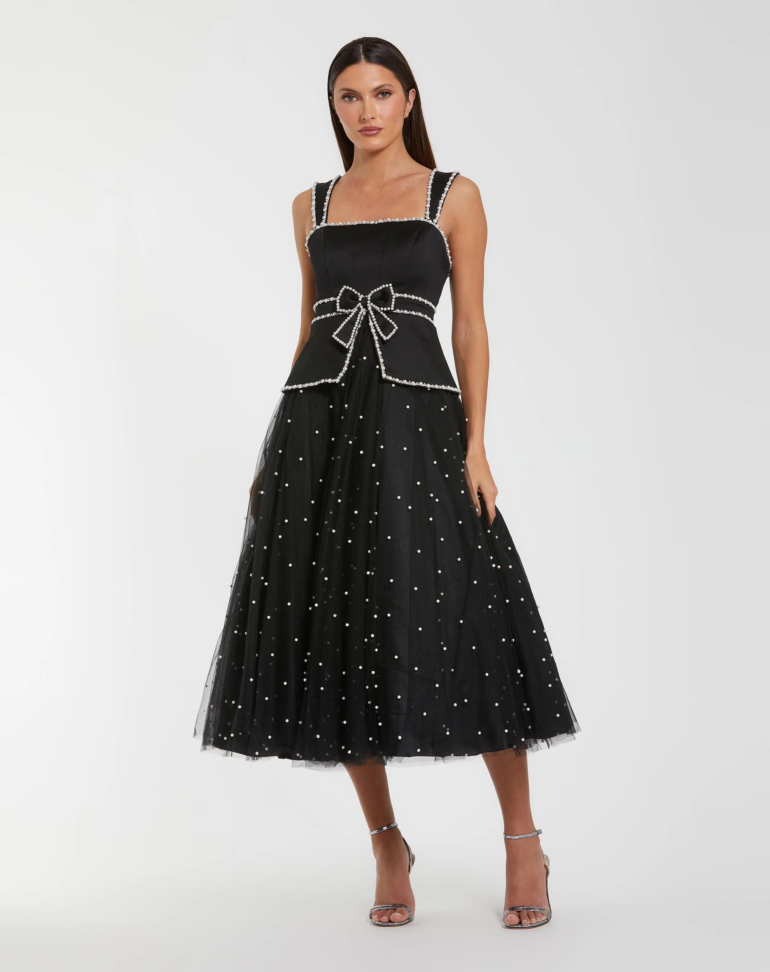 Black Sleeveless Embellished Crepe And Tulle Midi Dress-Myartka