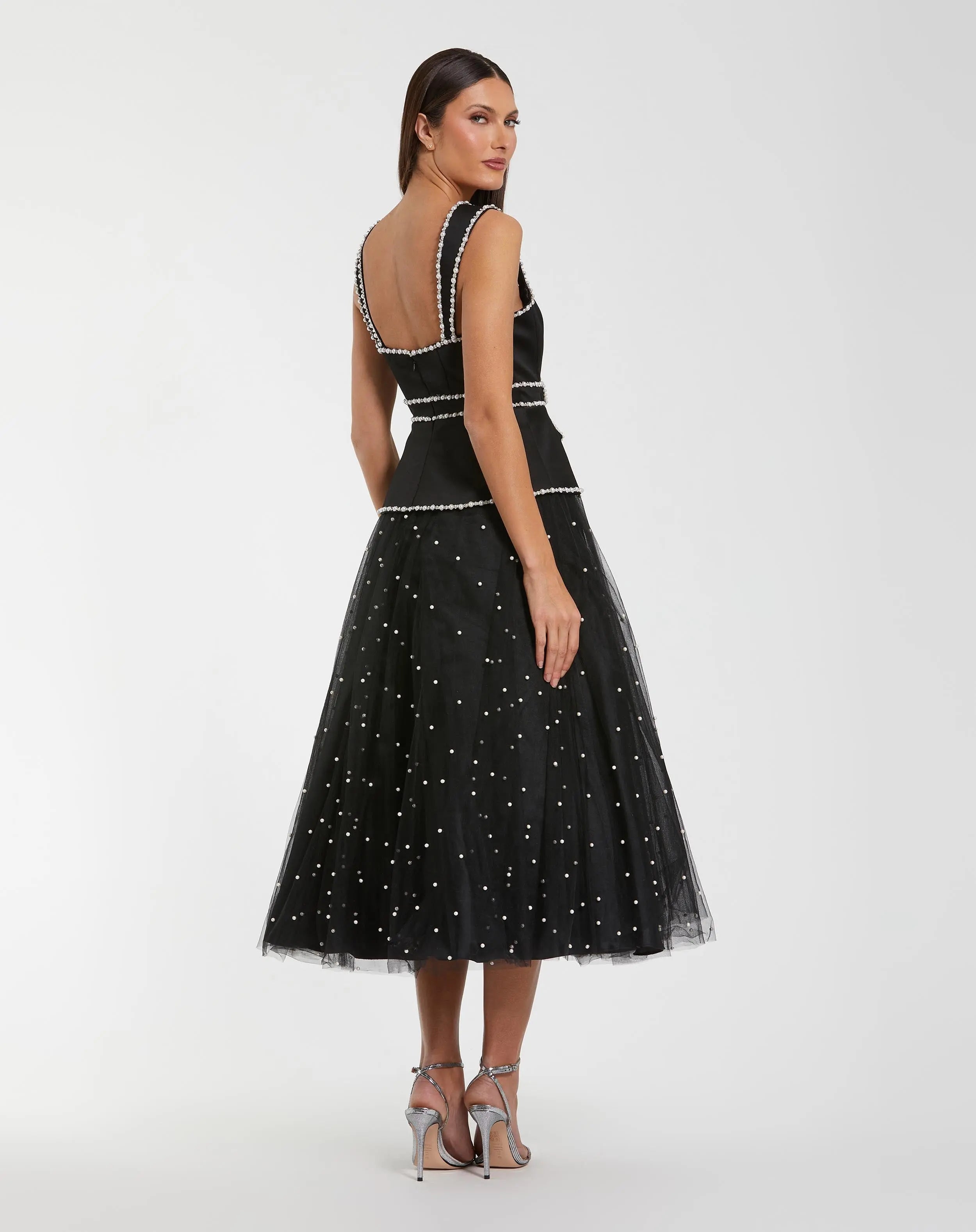 Black Sleeveless Embellished Crepe And Tulle Midi Dress-Myartka