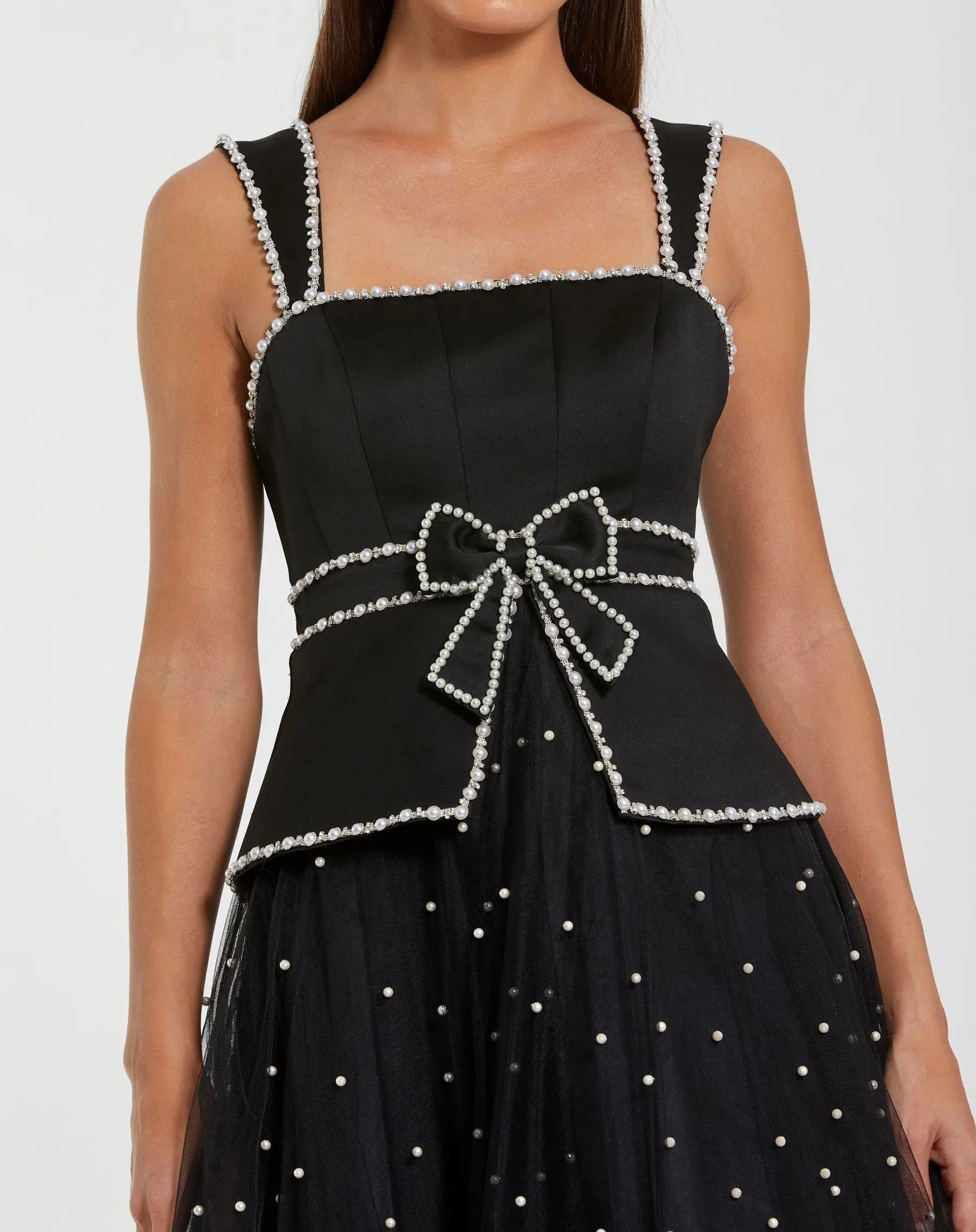 Black Sleeveless Embellished Crepe And Tulle Midi Dress-Myartka