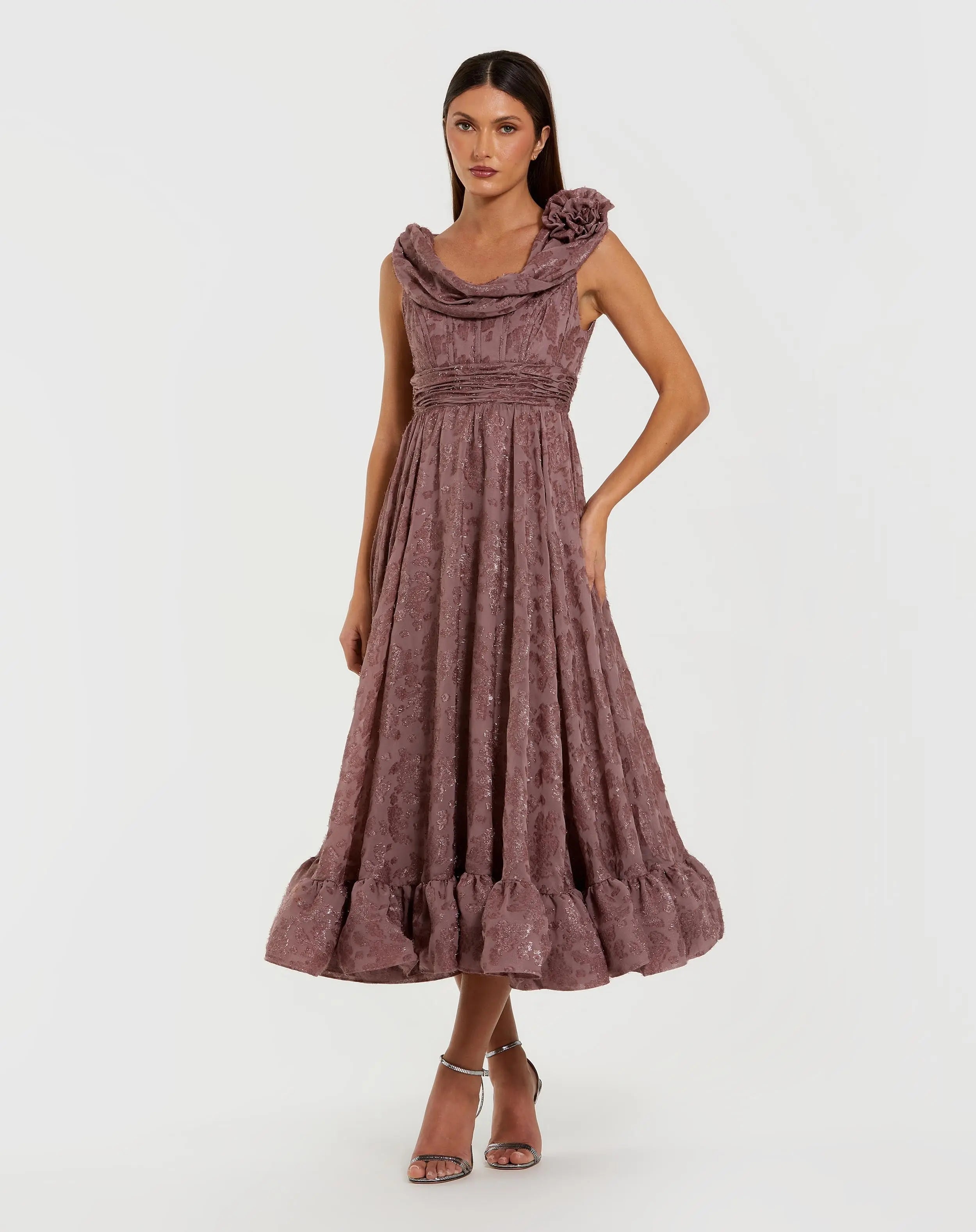 Mauve Sleeveless Cowl Neck Chiffon Midi Dress-Myartka