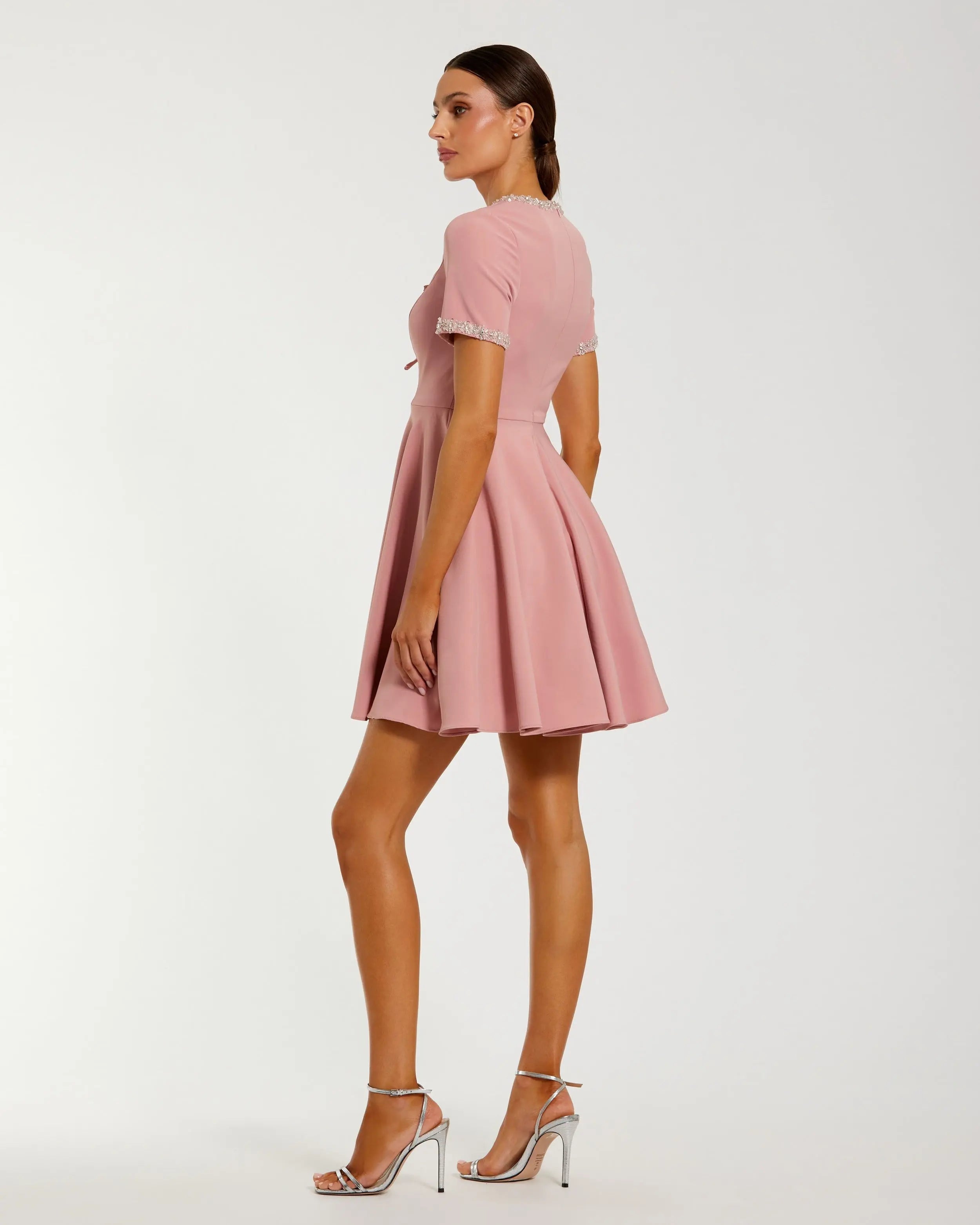 Pink Crepe A Line Mini Dress With Rhinestone Beading-Myartka