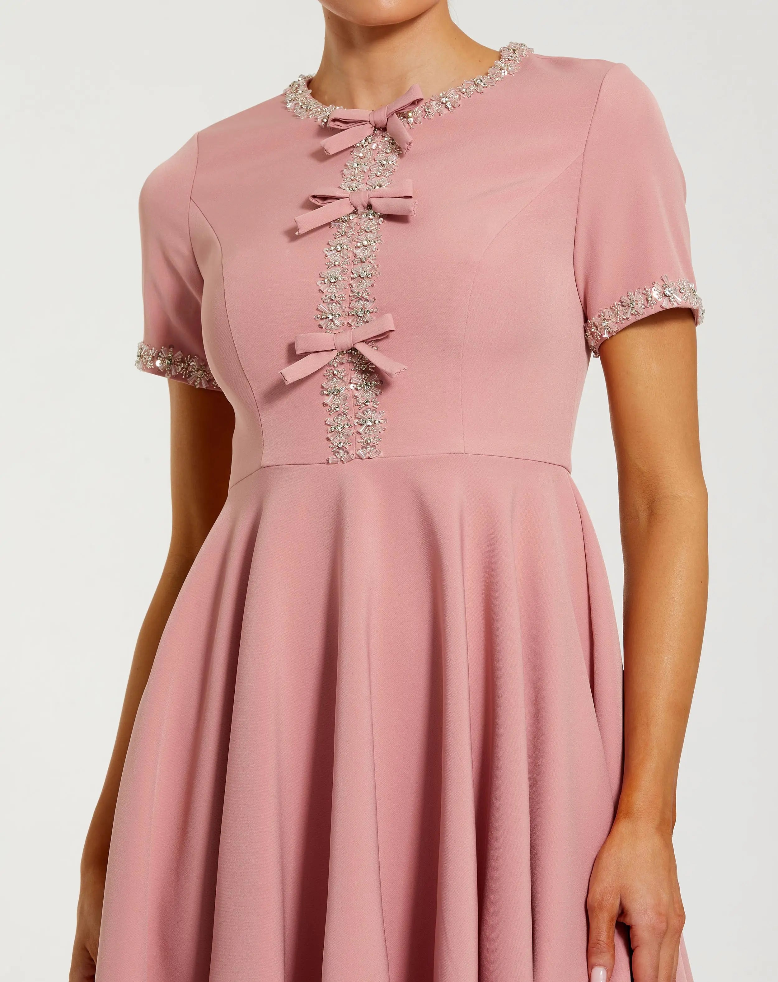 Pink Crepe A Line Mini Dress With Rhinestone Beading-Myartka
