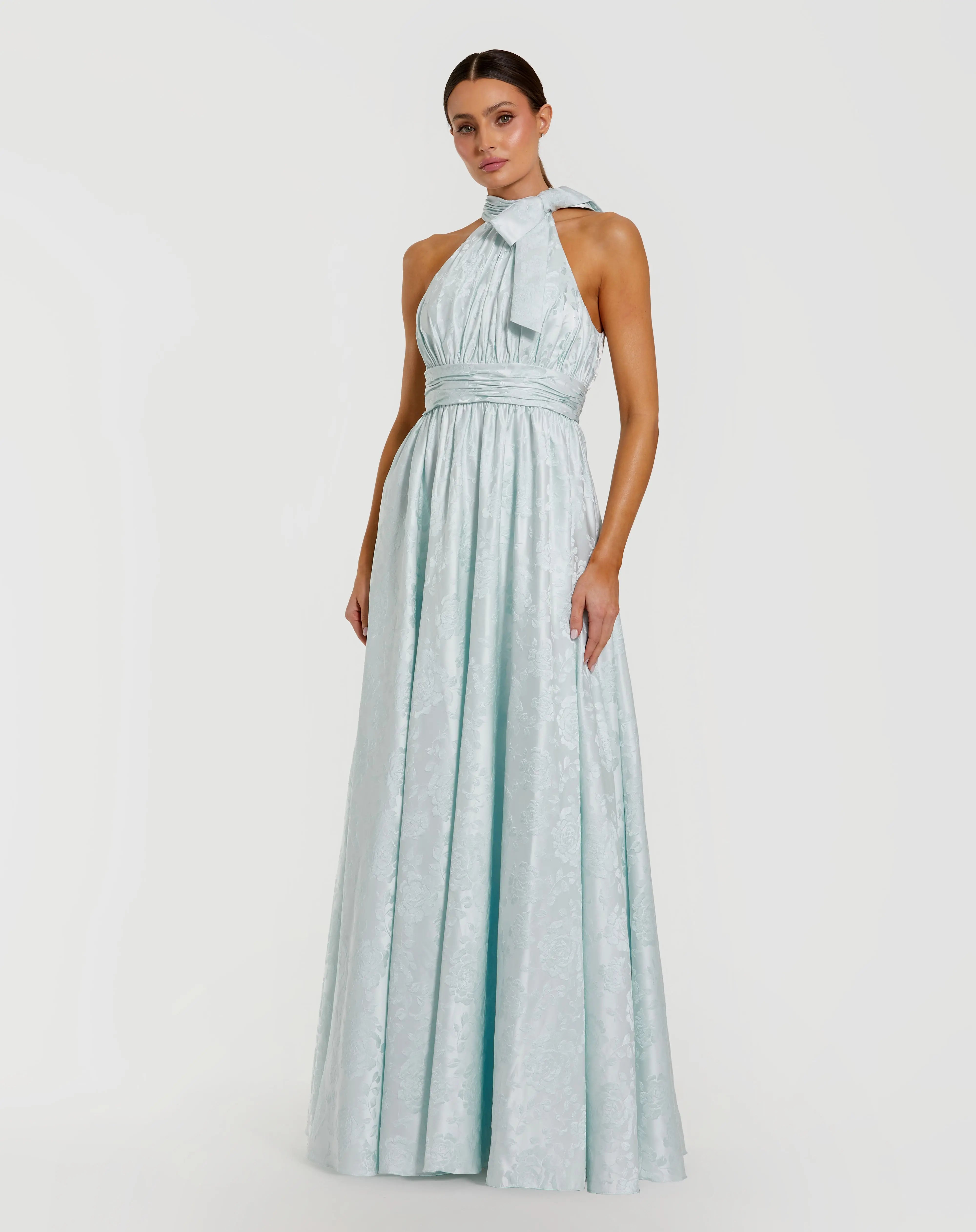 Blue Sleeveless Halter Neck Brocade Gown With Bow Detail-Myartka