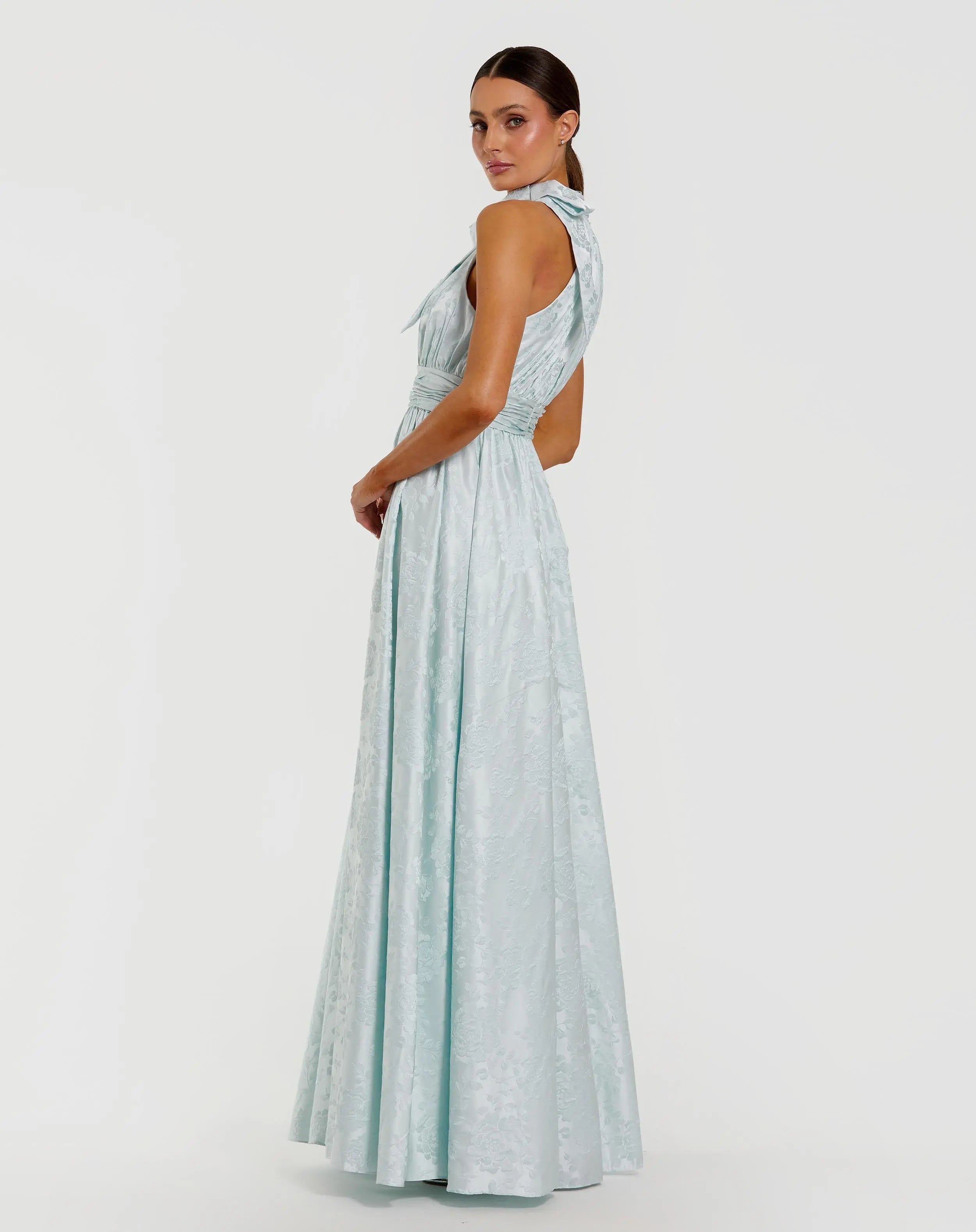 Blue Sleeveless Halter Neck Brocade Gown With Bow Detail-Myartka