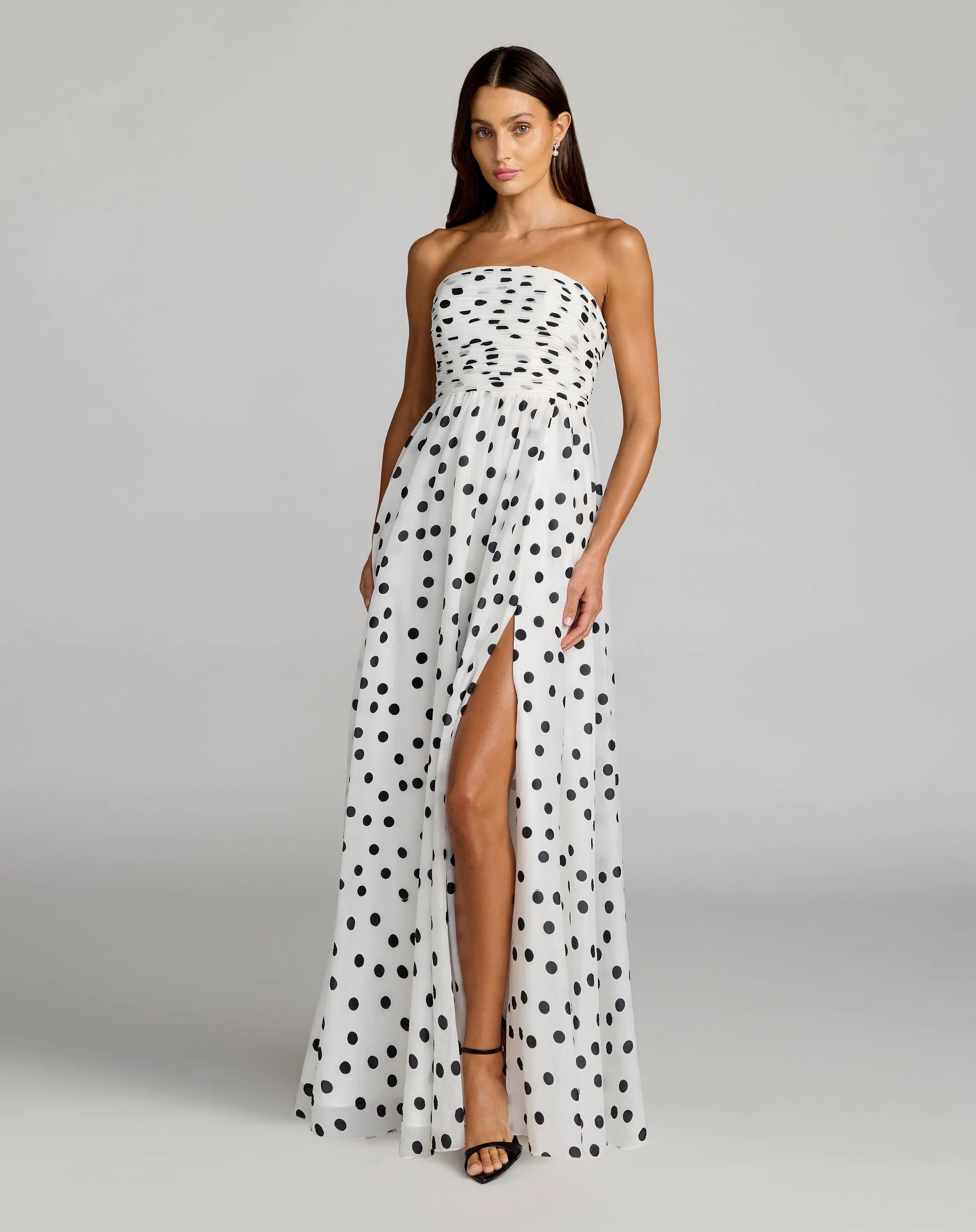 White Polka Dot Strapless Viscose Gown With Slit-Myartka