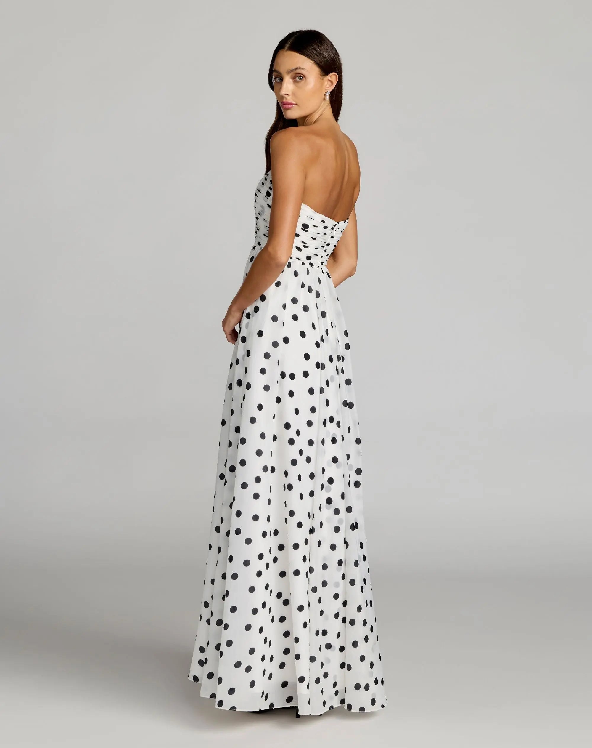 White Polka Dot Strapless Viscose Gown With Slit-Myartka