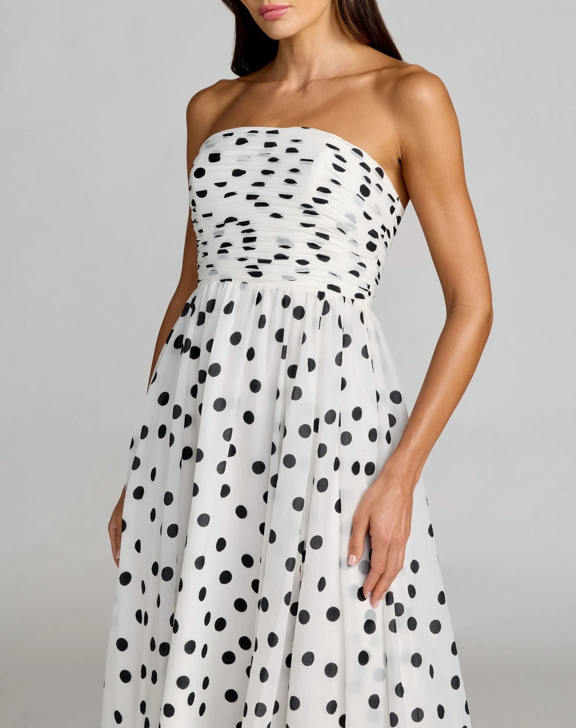 White Polka Dot Strapless Viscose Gown With Slit-Myartka