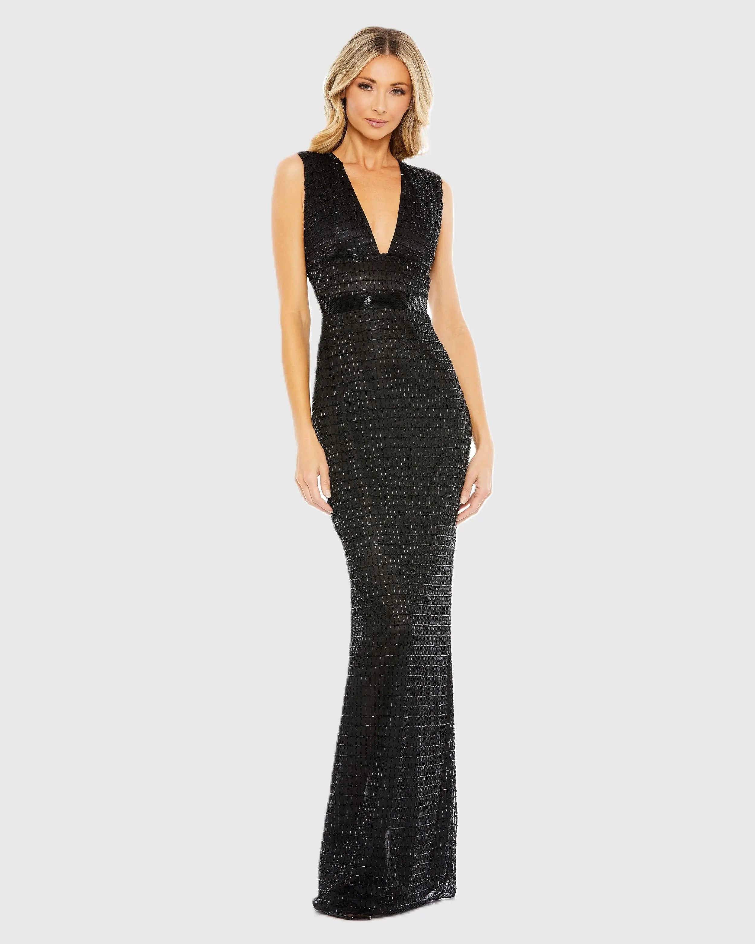 Black Beaded Cap Sleeve V Neck Column Gown-Myartka