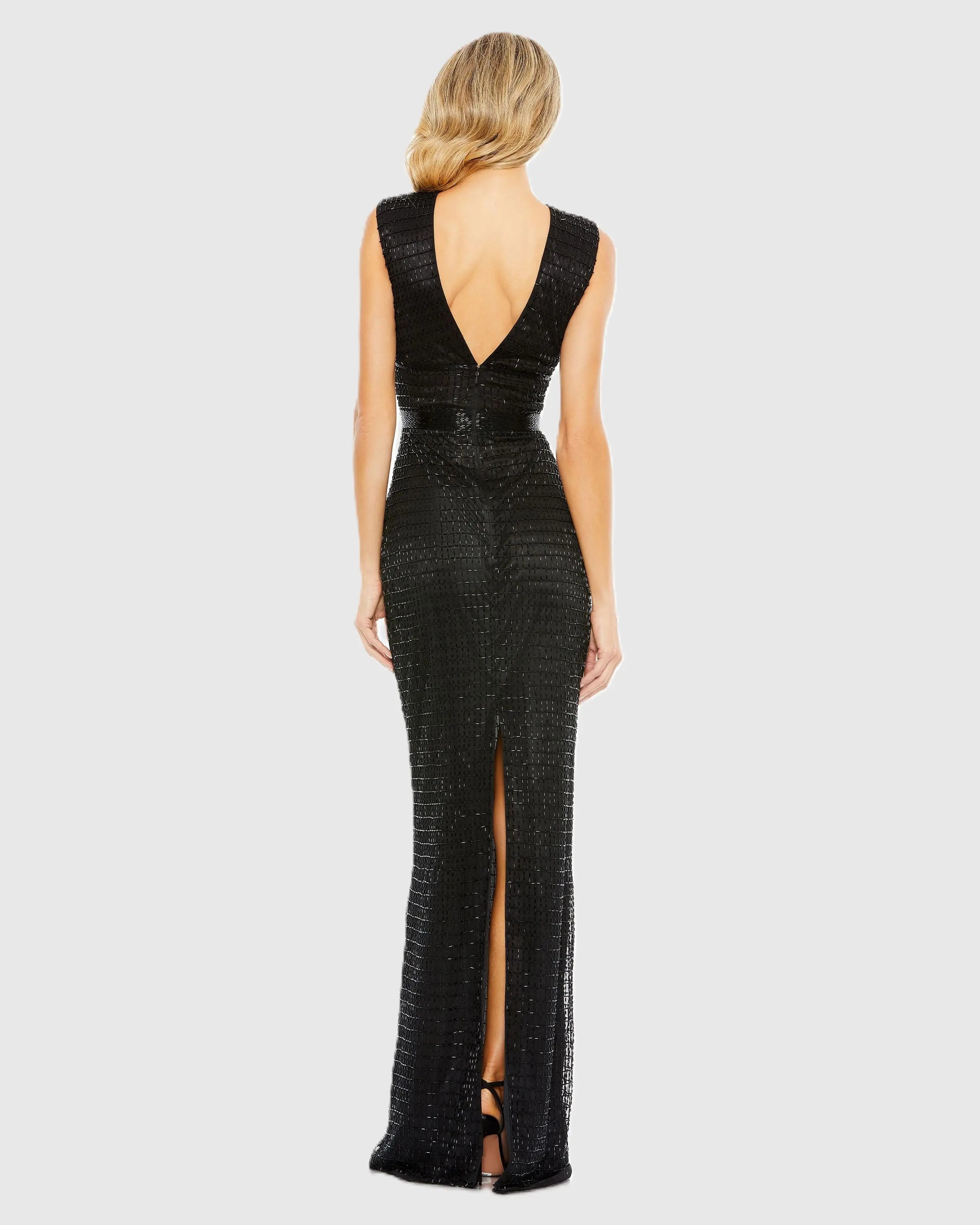 Black Beaded Cap Sleeve V Neck Column Gown-Myartka