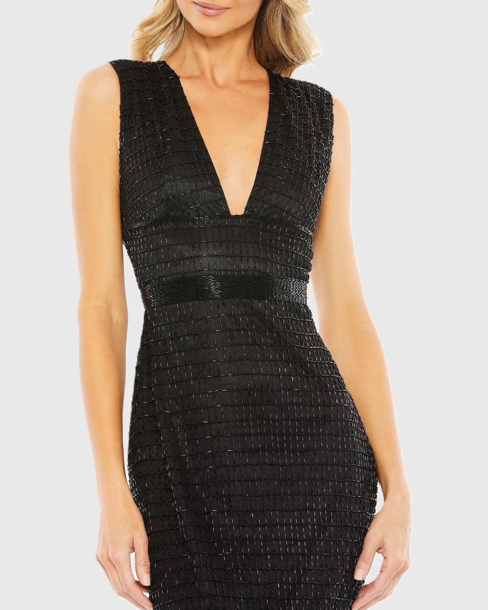 Black Beaded Cap Sleeve V Neck Column Gown-Myartka