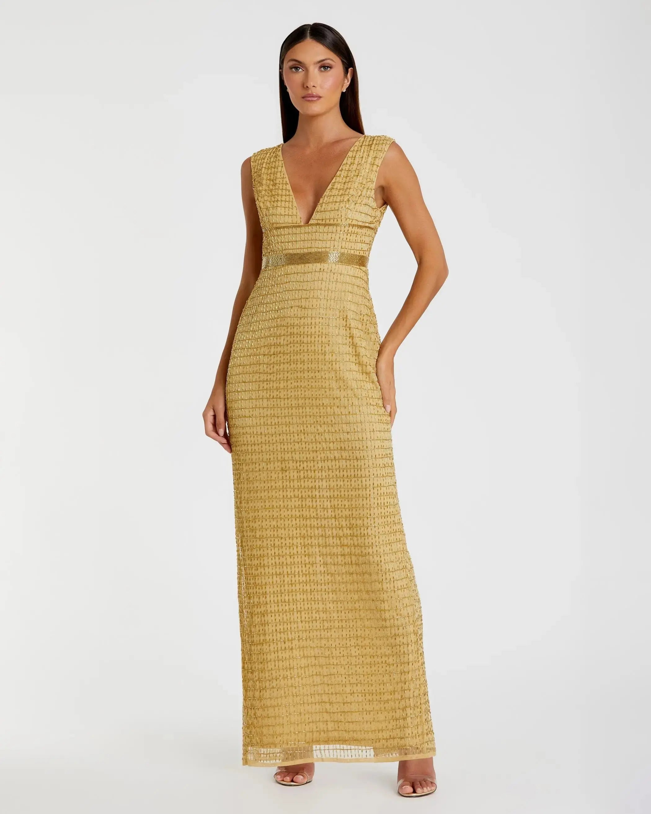 Gold Beaded Cap Sleeve V Neck Column Gown-Myartka