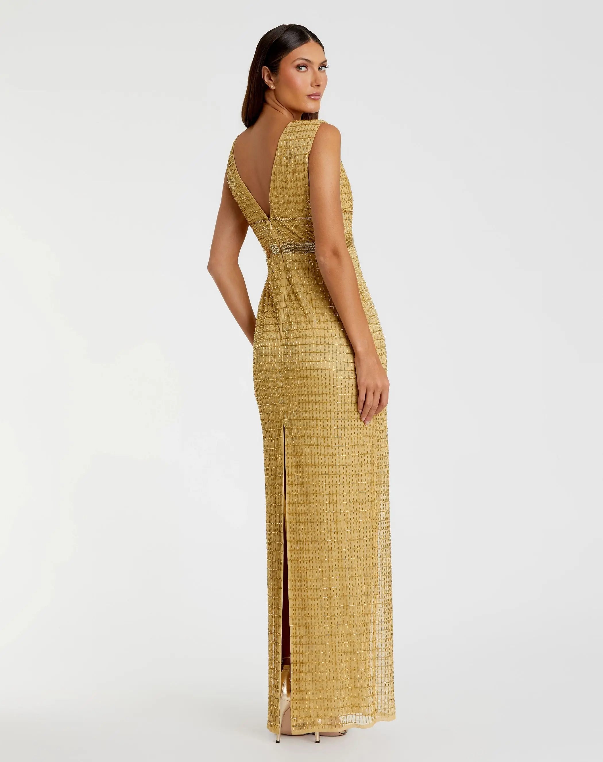 Gold Beaded Cap Sleeve V Neck Column Gown-Myartka