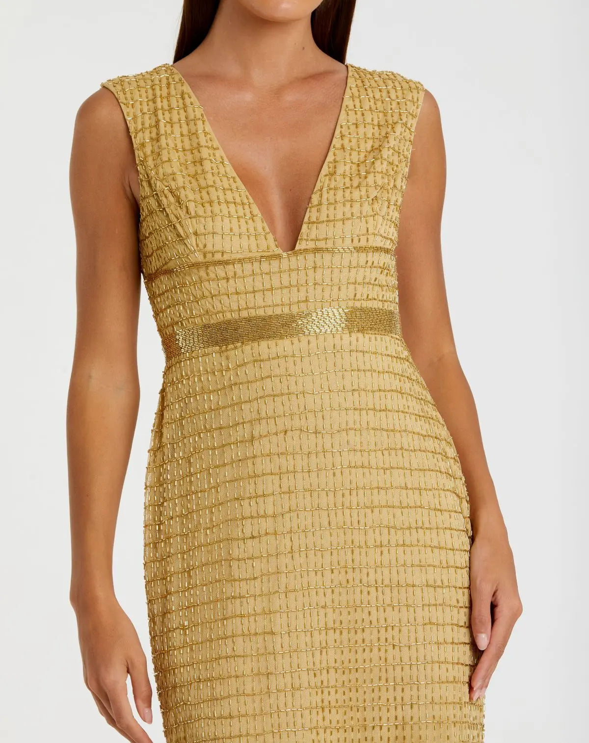 Gold Beaded Cap Sleeve V Neck Column Gown-Myartka