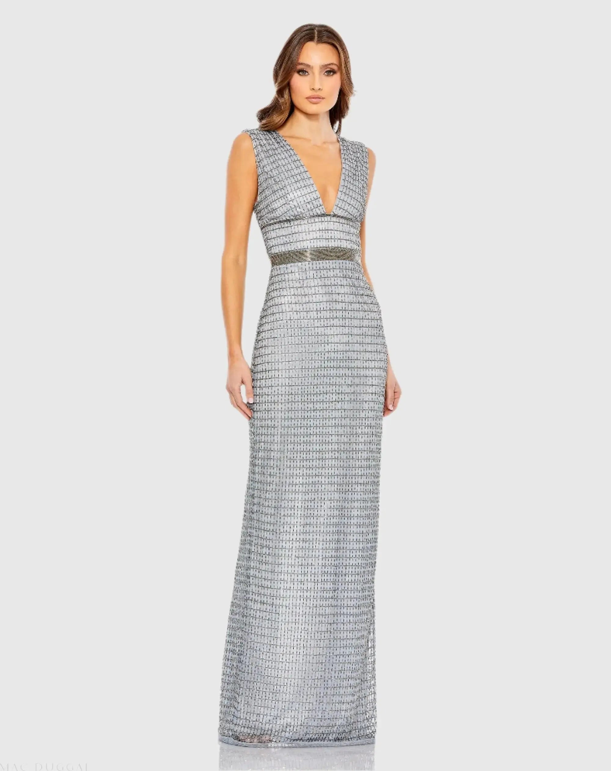 Silver Beaded Cap Sleeve V Neck Column Gown-Myartka