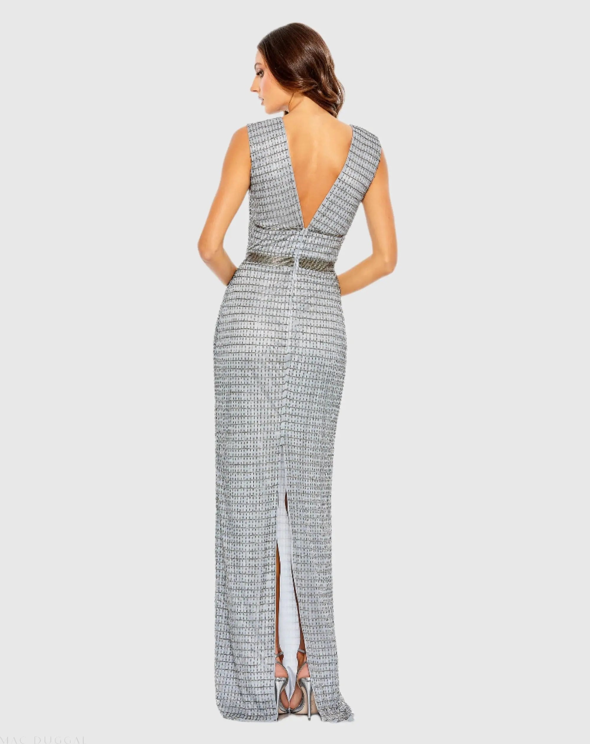 Silver Beaded Cap Sleeve V Neck Column Gown-Myartka