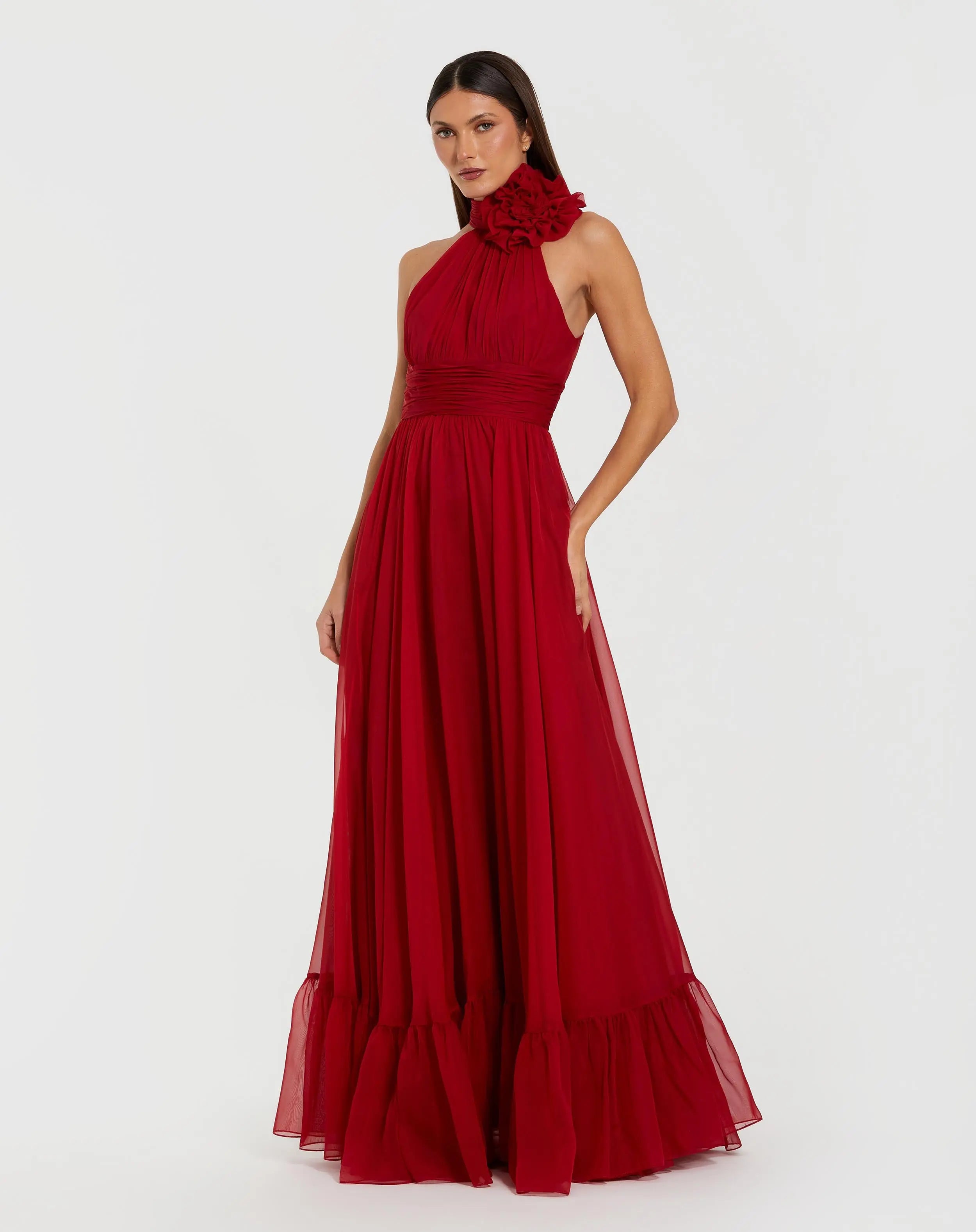 Red Halter Neck Chiffon Gown With 3D Flower-Myartka