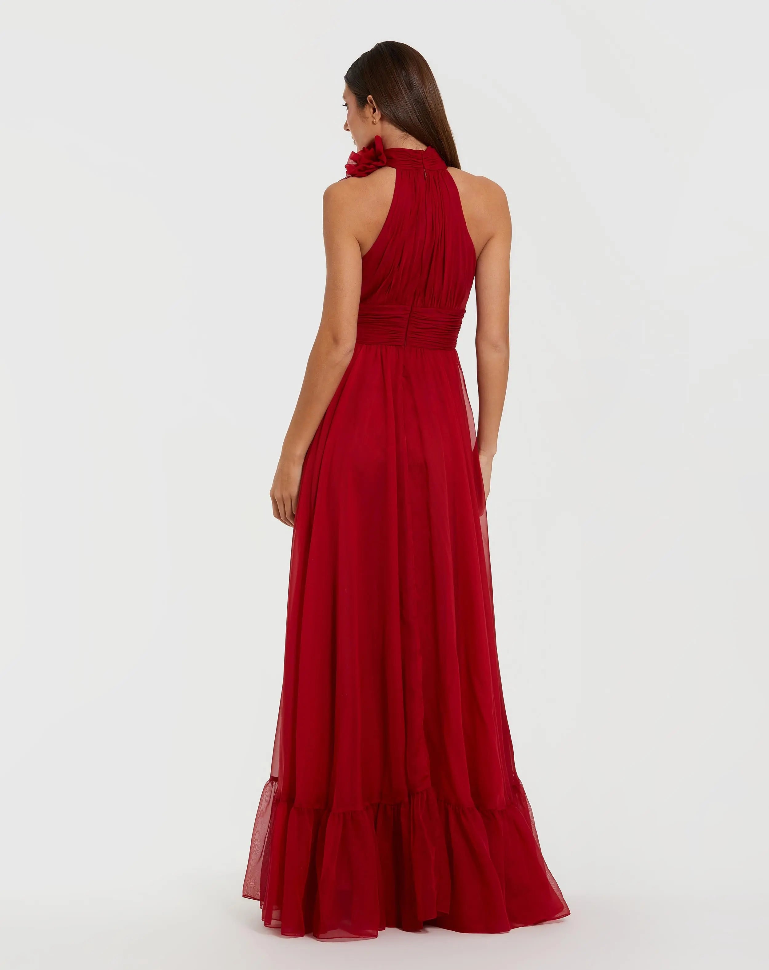 Red Halter Neck Chiffon Gown With 3D Flower-Myartka