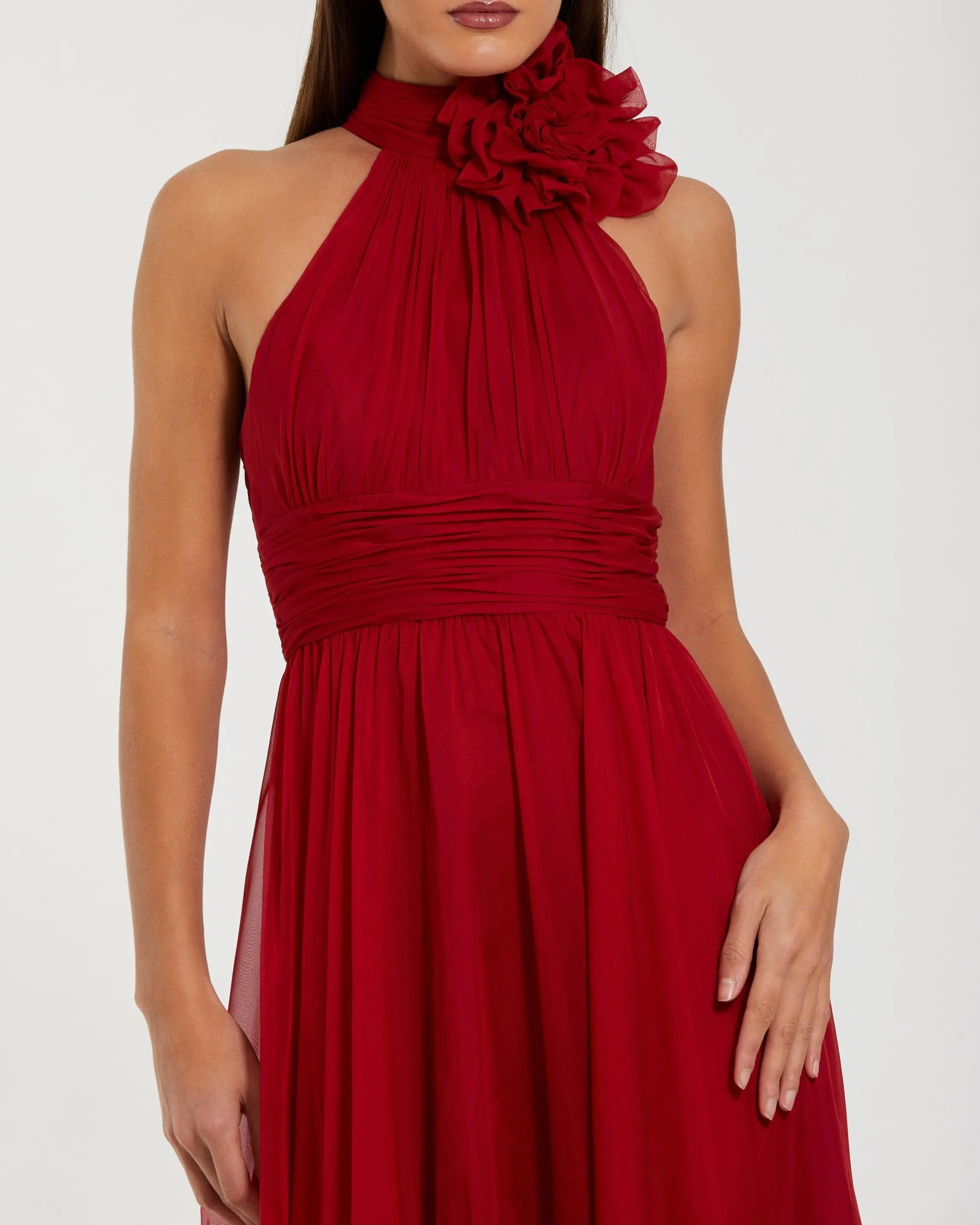 Red Halter Neck Chiffon Gown With 3D Flower-Myartka