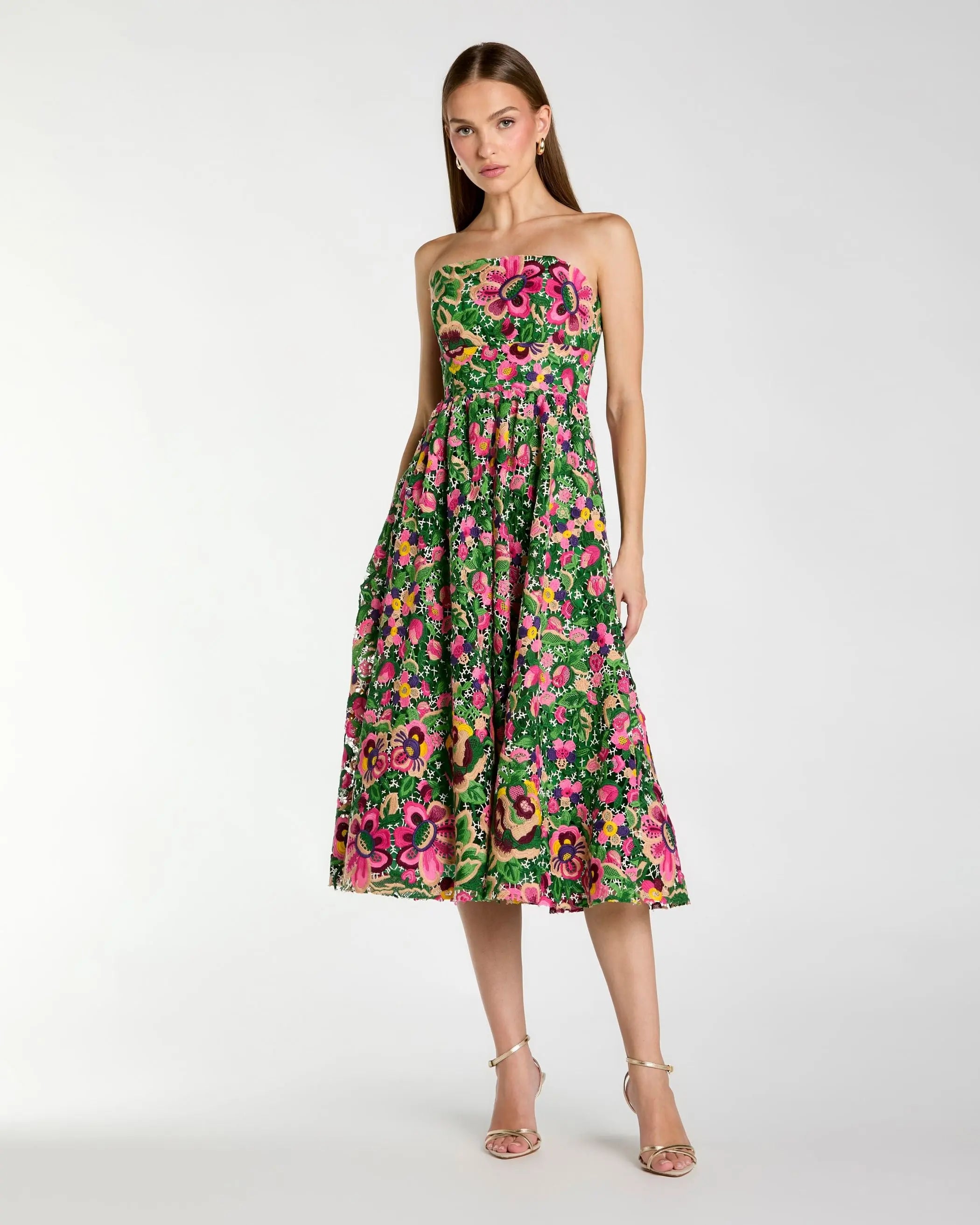 Green Strapless Floral Embroidered Midi Dress-Myartka