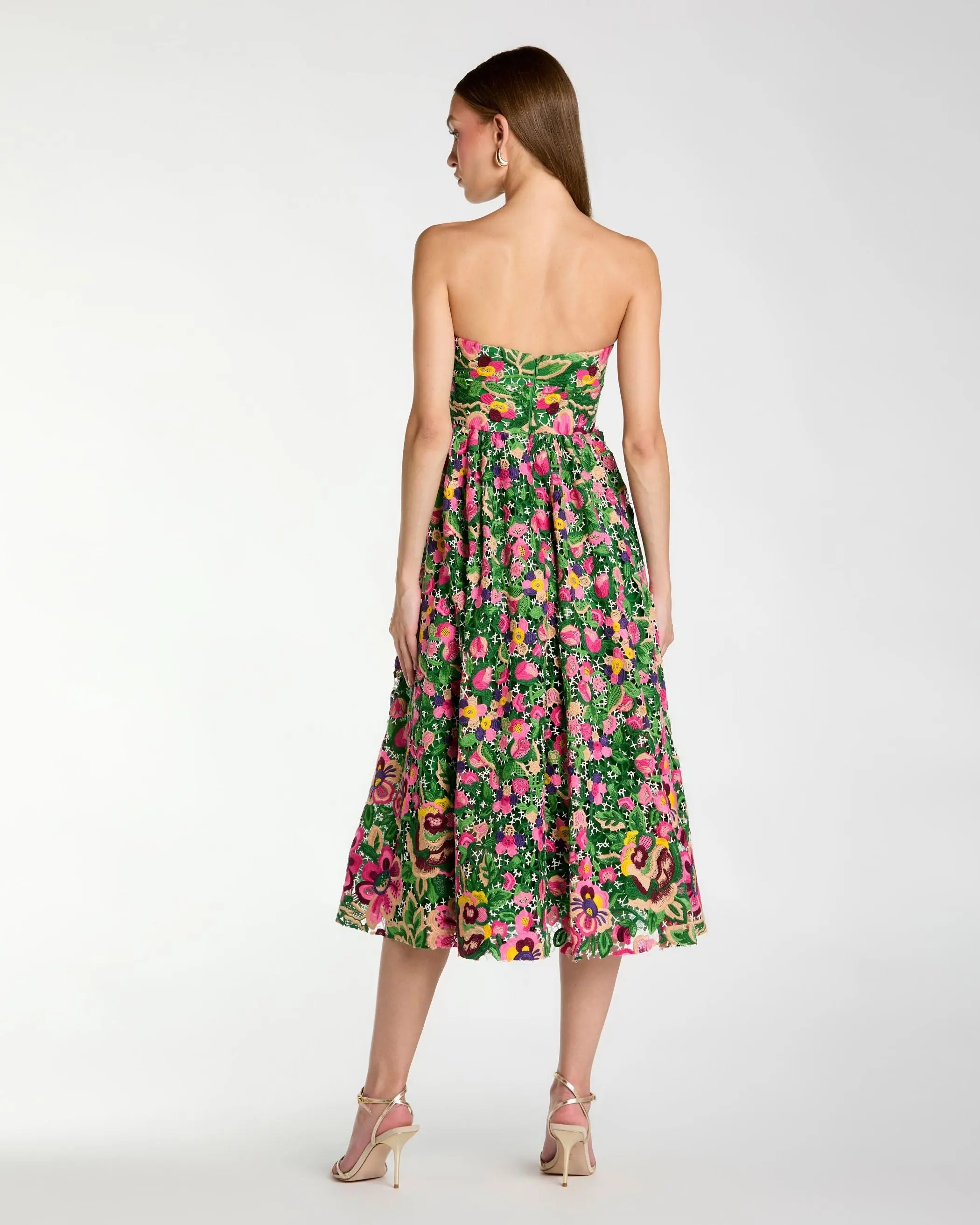 Green Strapless Floral Embroidered Midi Dress-Myartka