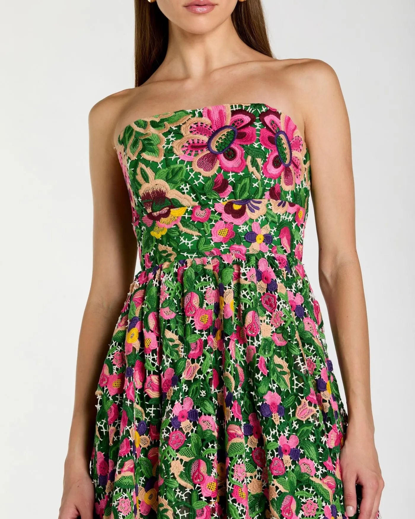 Green Strapless Floral Embroidered Midi Dress-Myartka