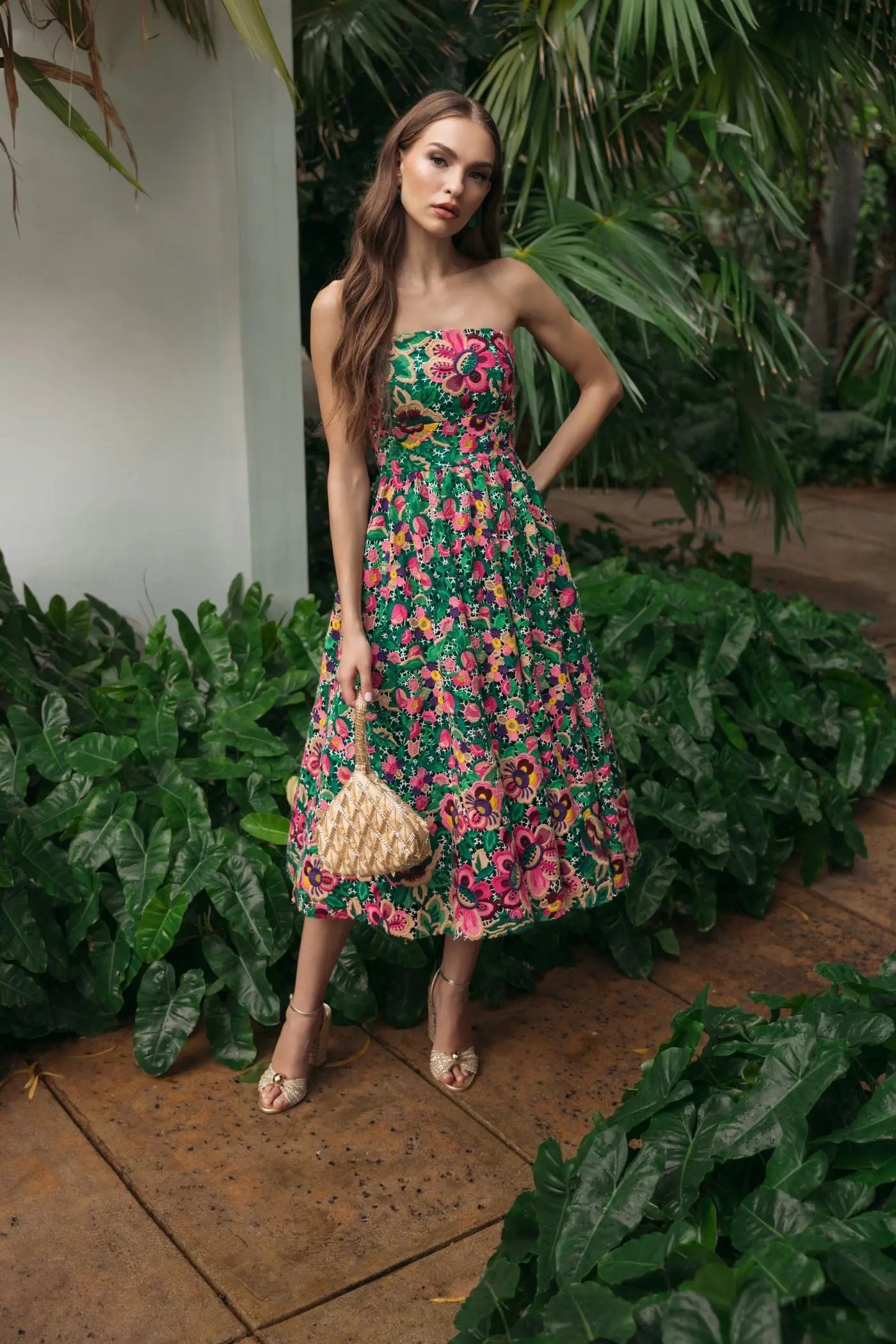 Green Strapless Floral Embroidered Midi Dress-Myartka