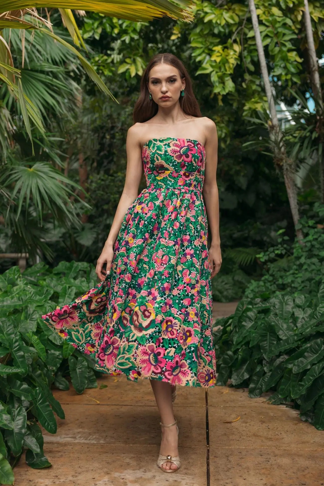 Green Strapless Floral Embroidered Midi Dress-Myartka