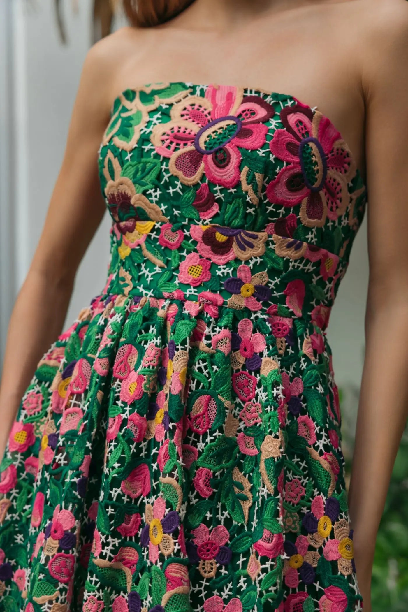 Green Strapless Floral Embroidered Midi Dress-Myartka