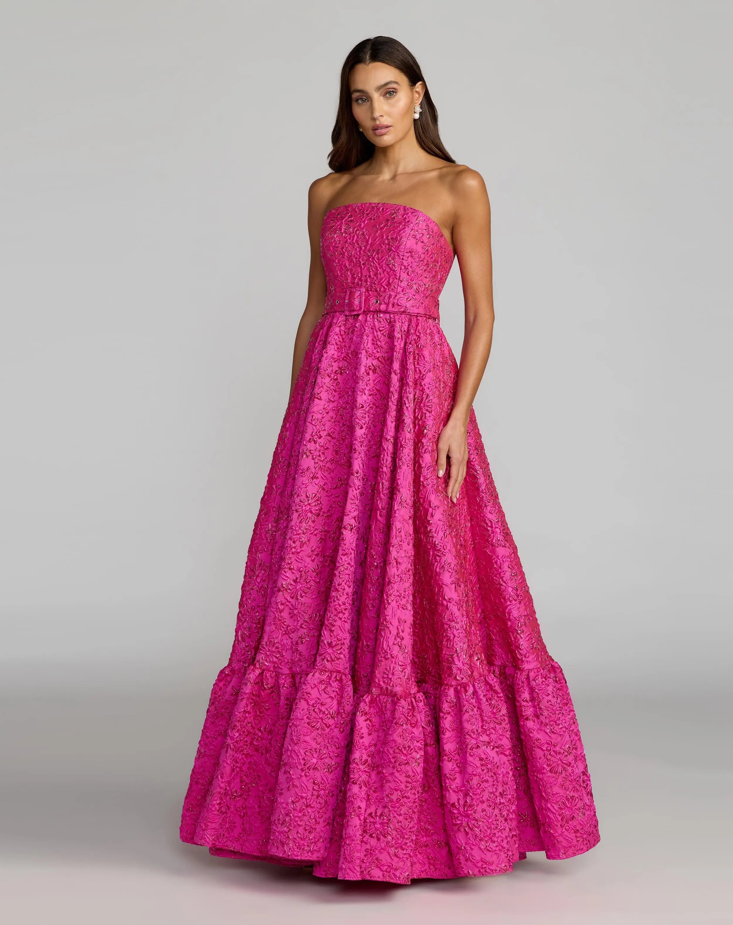 Pink Strapless Floral Brocade Ball Gown With Belt-Myartka