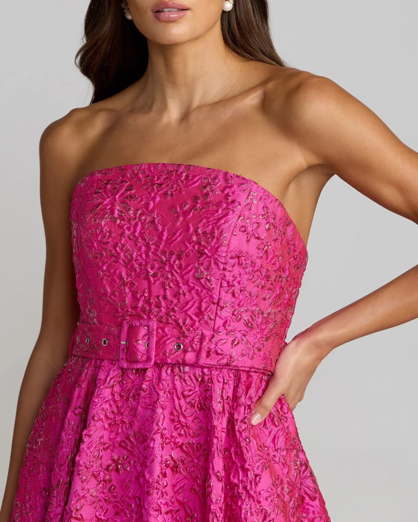 Pink Strapless Floral Brocade Ball Gown With Belt-Myartka