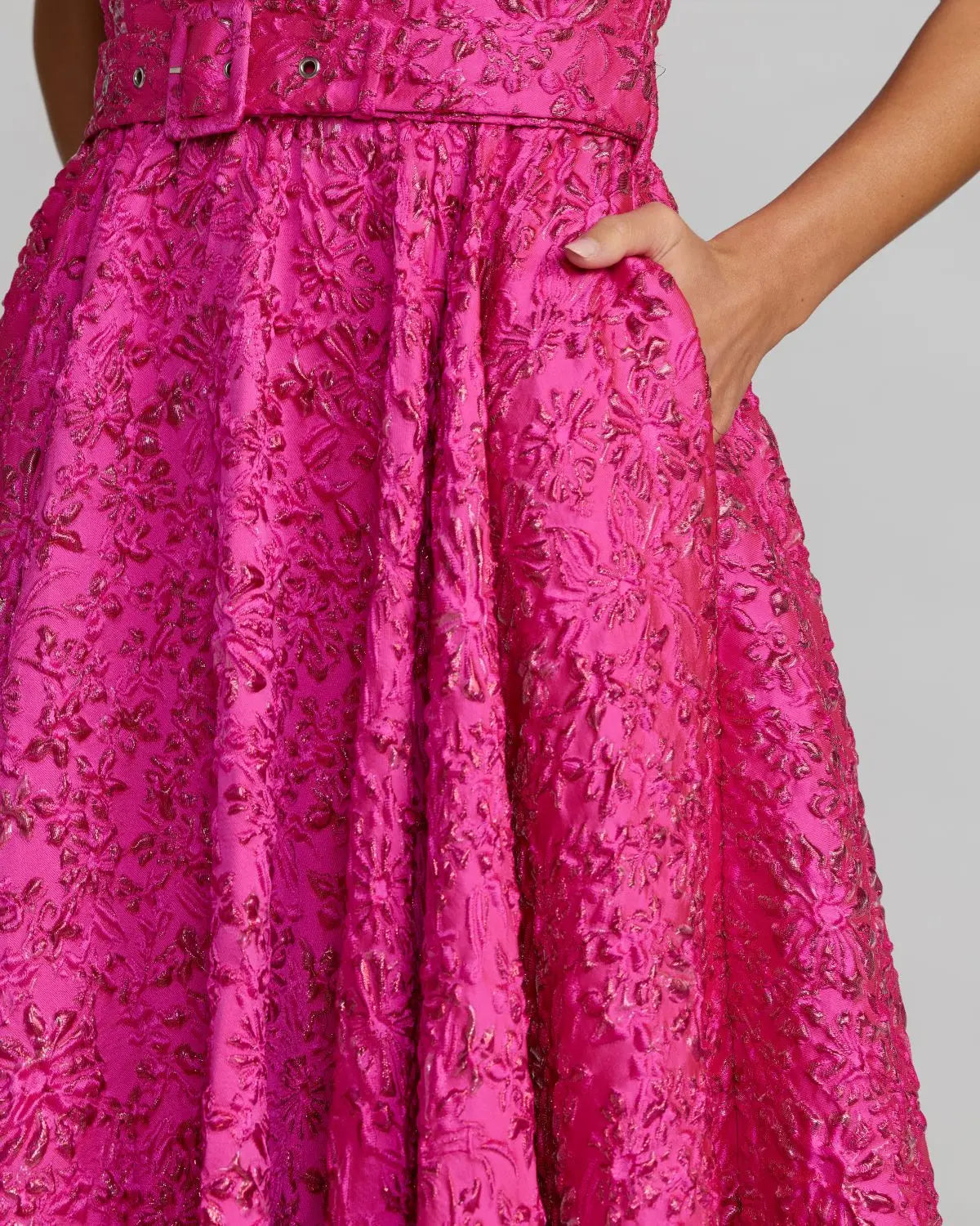 Pink Strapless Floral Brocade Ball Gown With Belt-Myartka