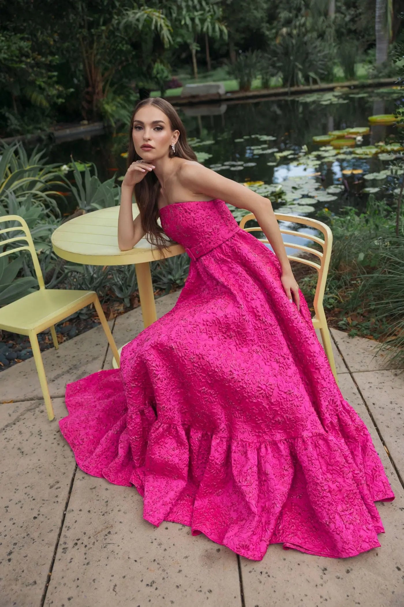 Pink Strapless Floral Brocade Ball Gown With Belt-Myartka