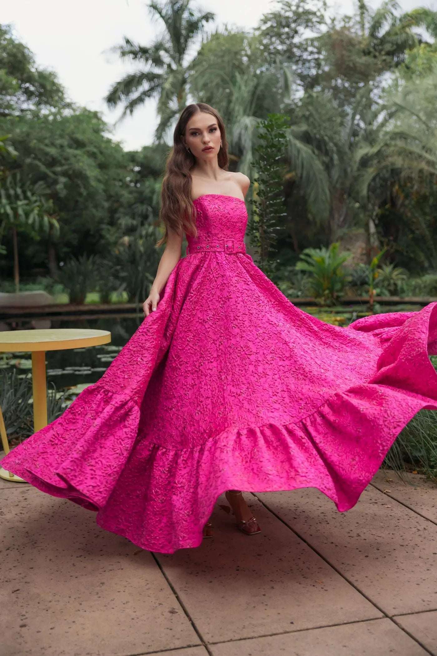 Pink Strapless Floral Brocade Ball Gown With Belt-Myartka
