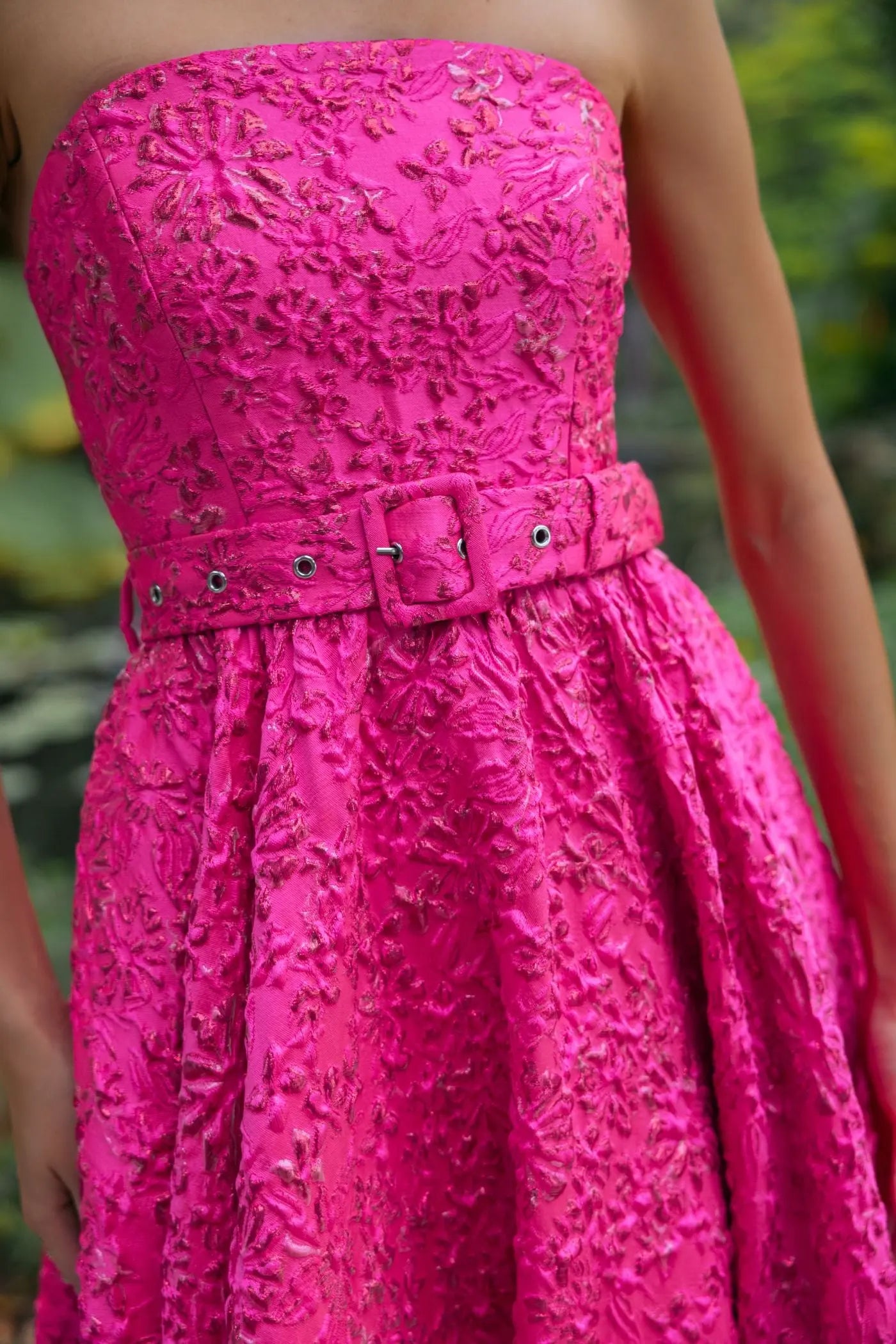 Pink Strapless Floral Brocade Ball Gown With Belt-Myartka