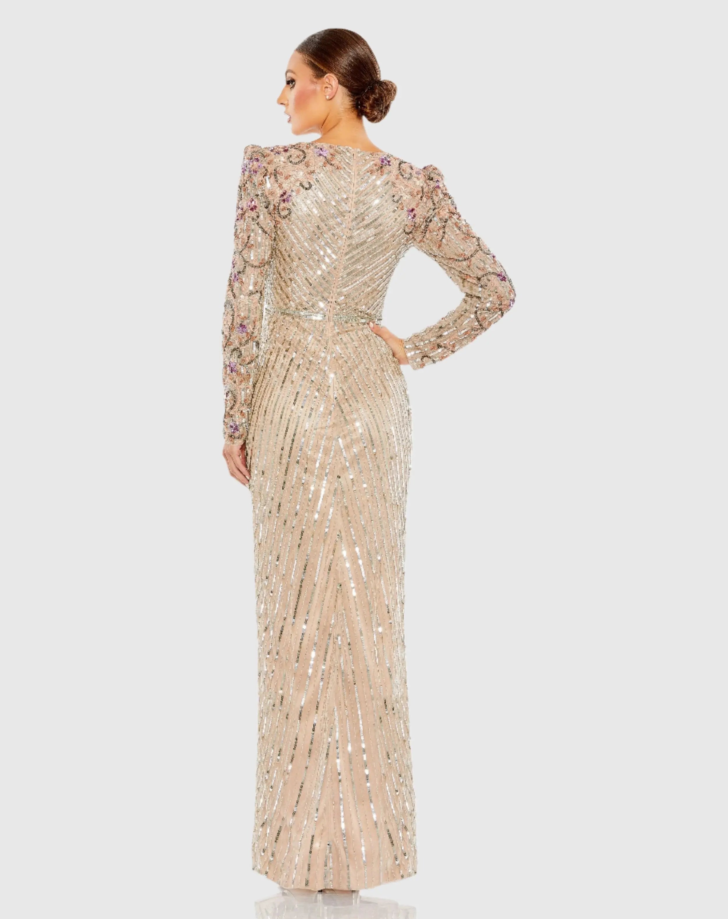 Beige Long Sleeve Embellished Puff Sleeve Faux Wrap Gown-Myartka