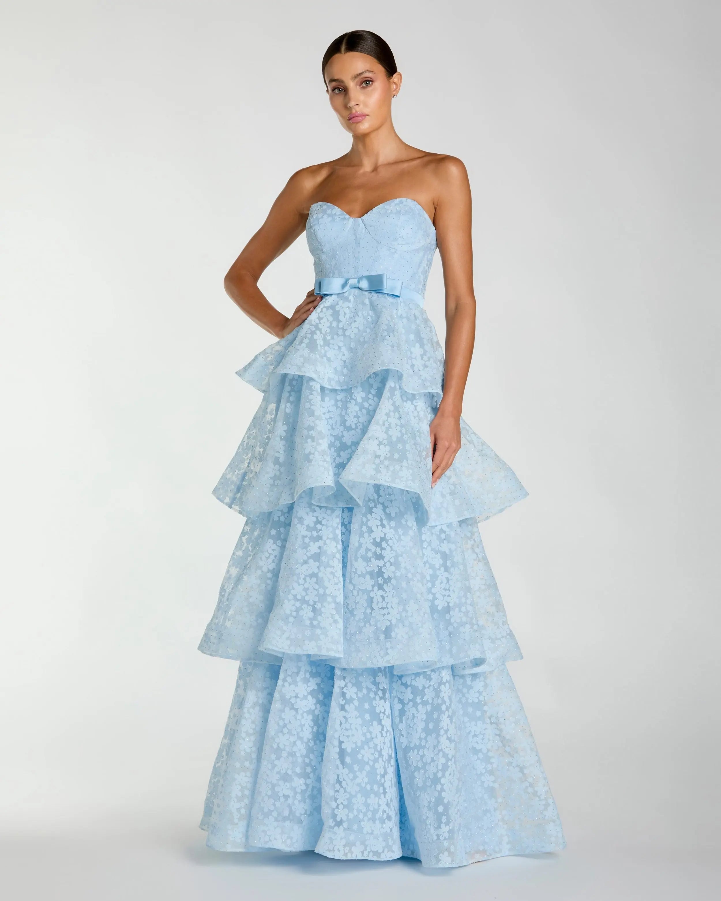 Blue Strapless Floral Organza Tiered Gown with Bow-Myartka