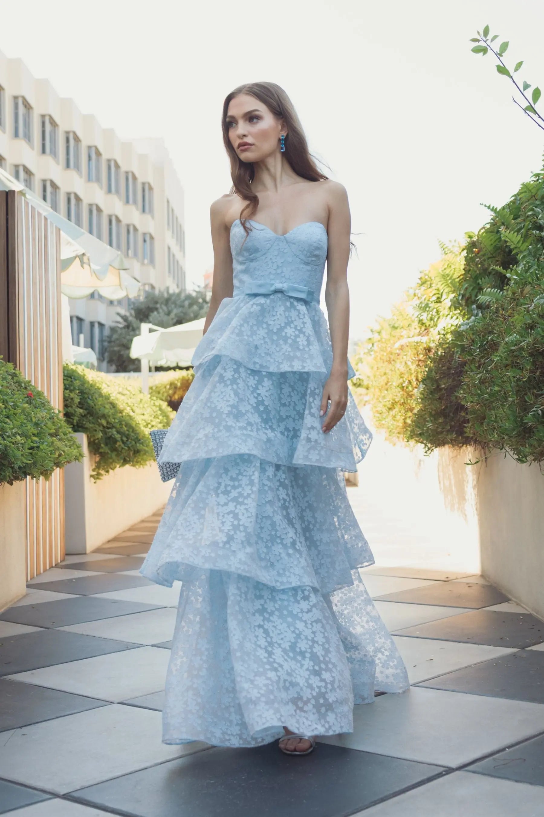 Blue Strapless Floral Organza Tiered Gown with Bow-Myartka