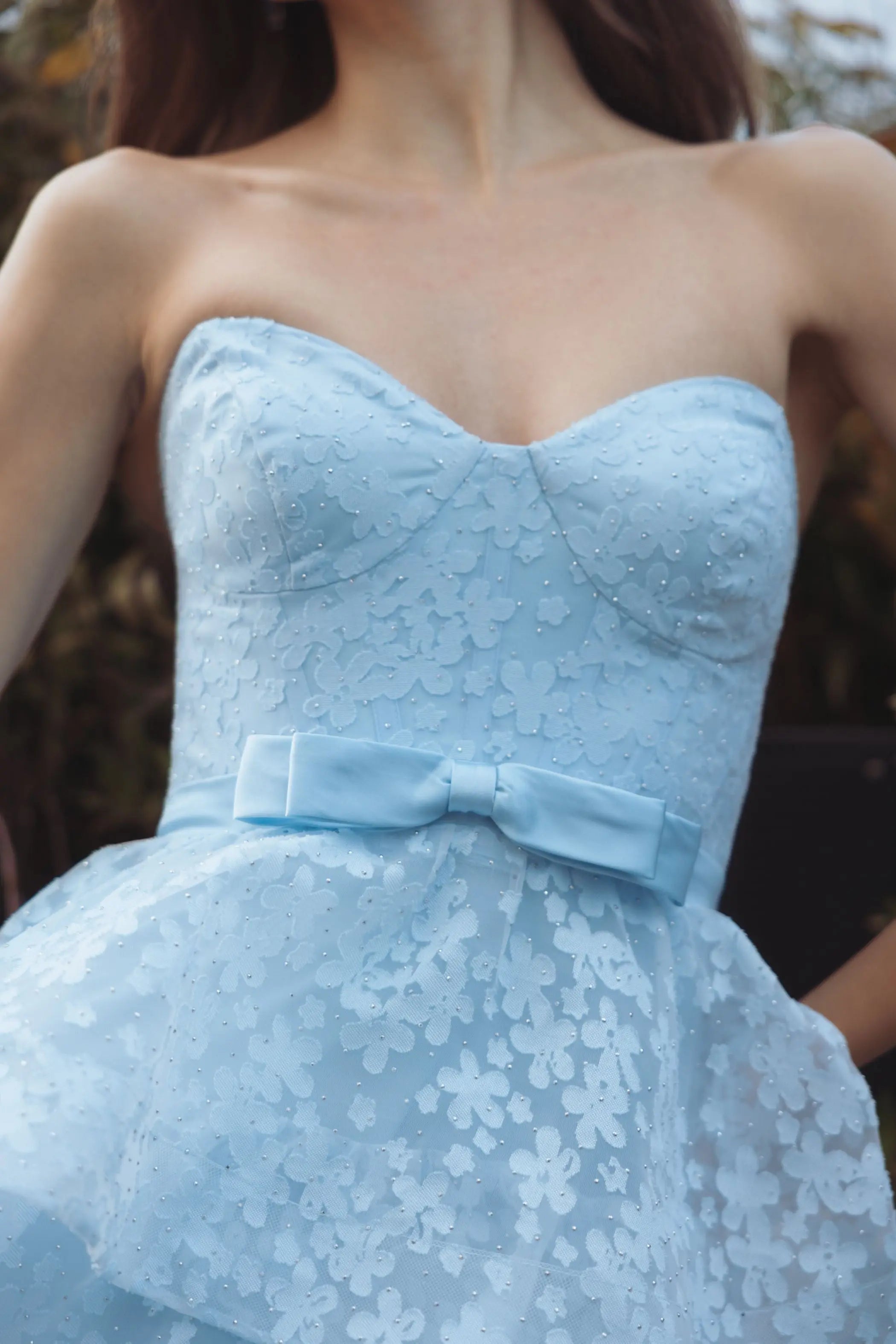 Blue Strapless Floral Organza Tiered Gown with Bow-Myartka