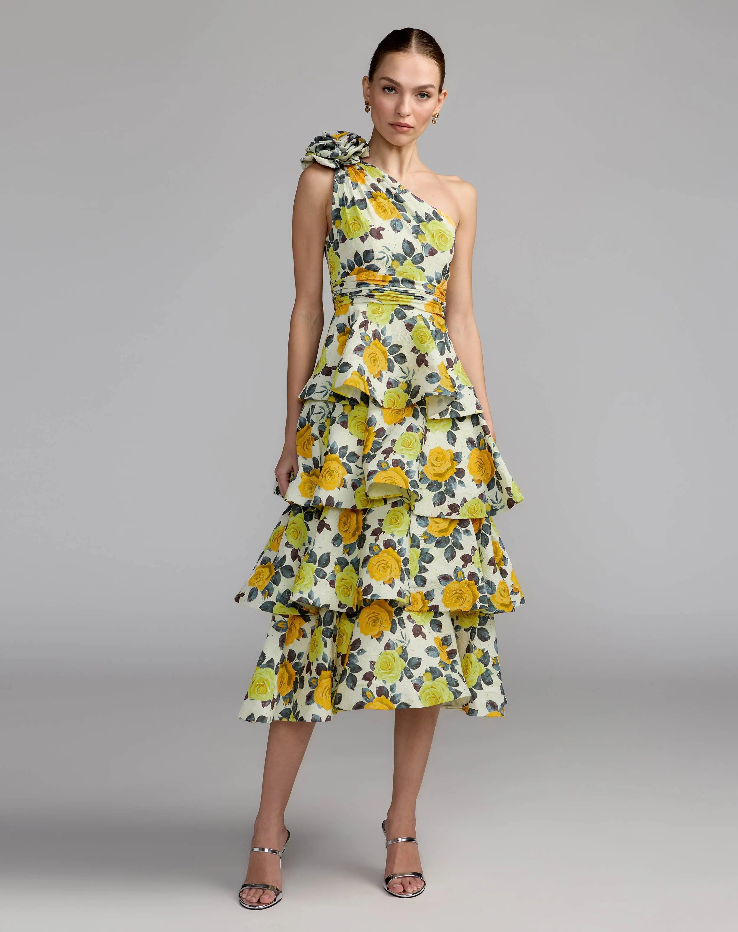 Yellow One Shoulder Floral Tiered Midi Dress-Myartka