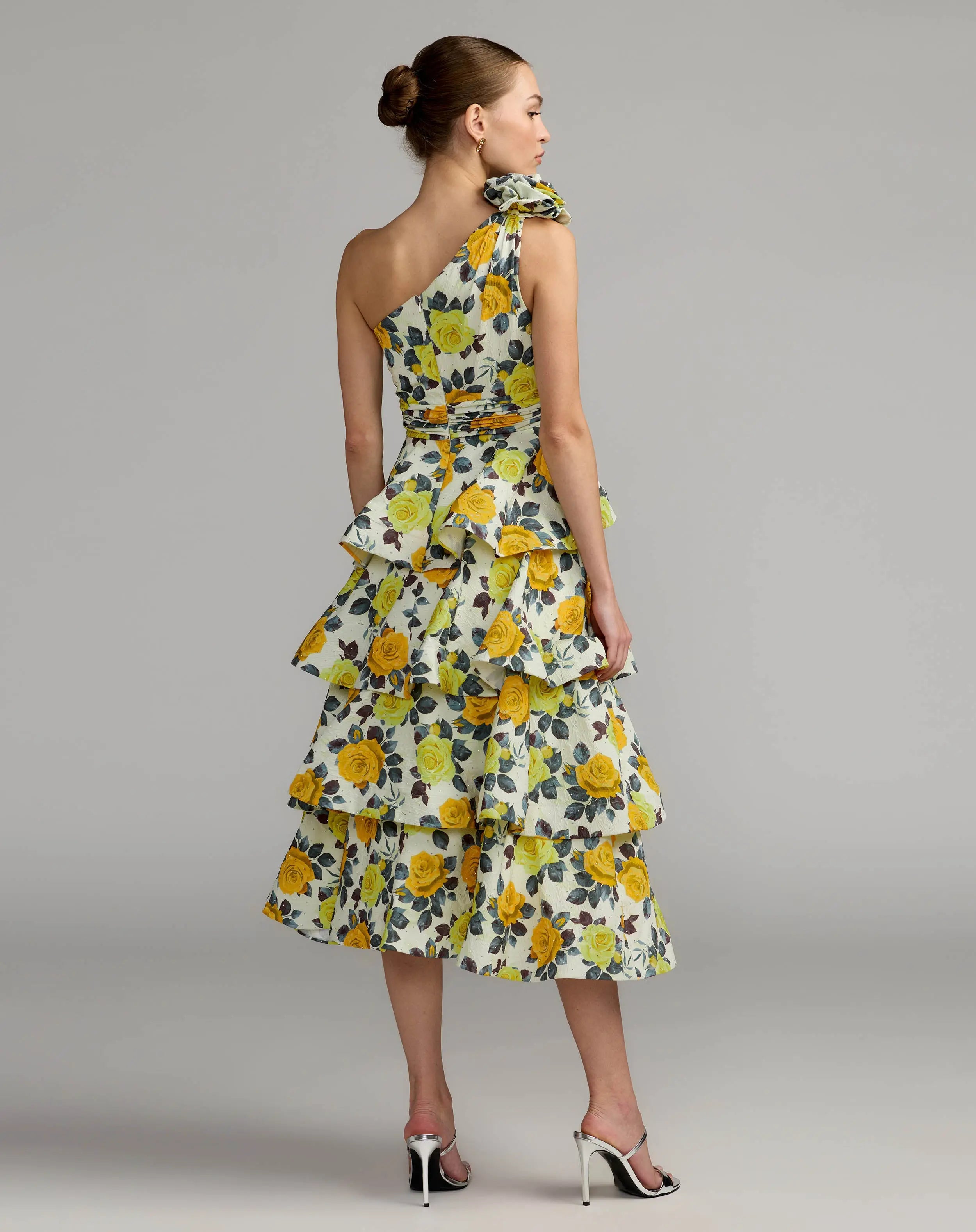 Yellow One Shoulder Floral Tiered Midi Dress-Myartka