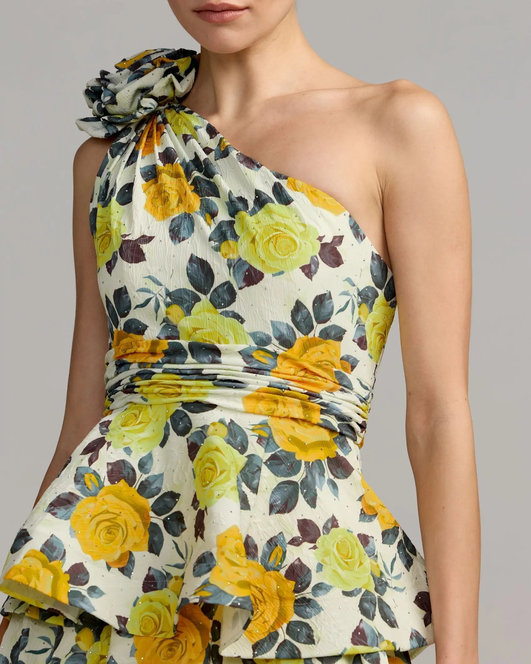 Yellow One Shoulder Floral Tiered Midi Dress-Myartka