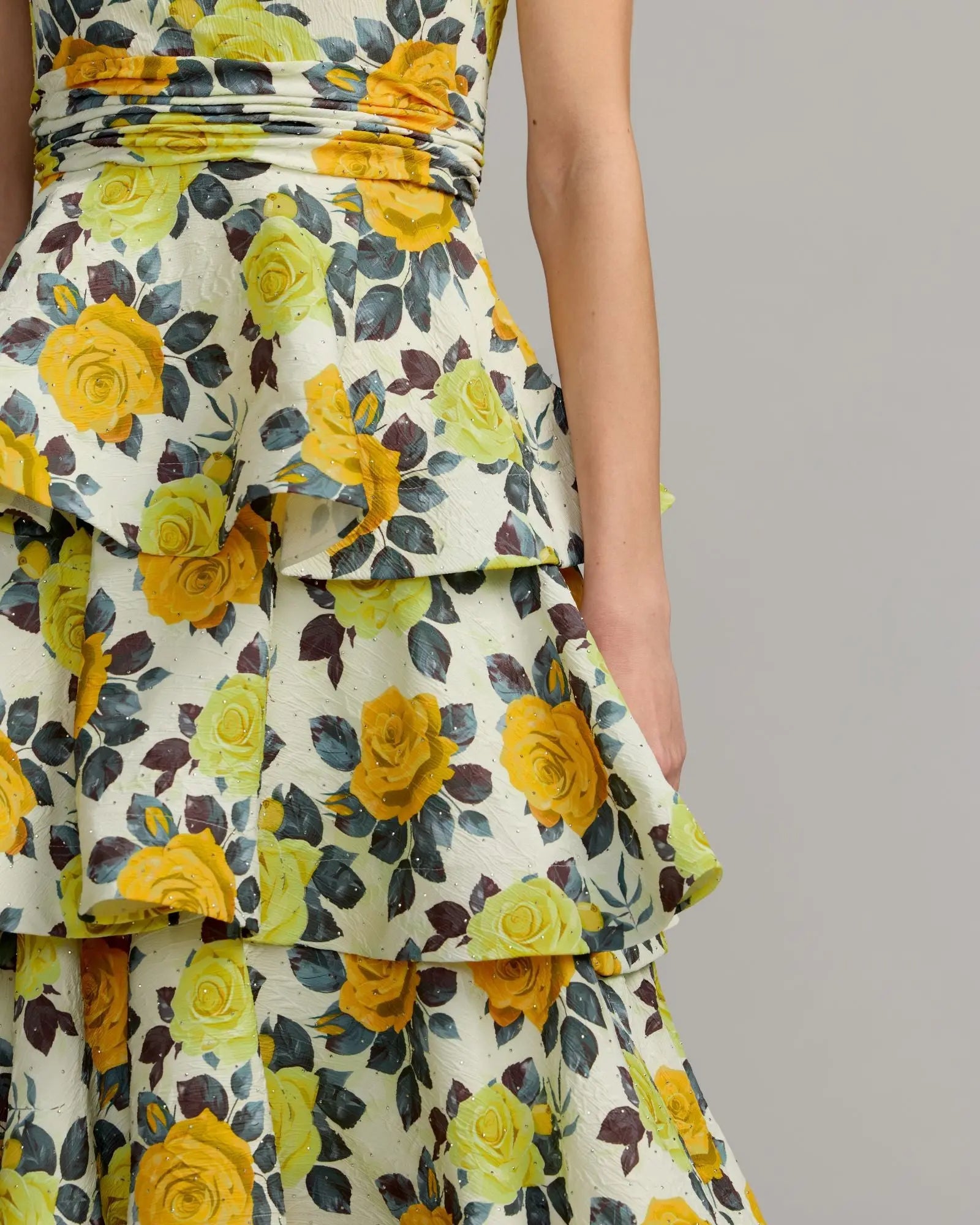 Yellow One Shoulder Floral Tiered Midi Dress-Myartka