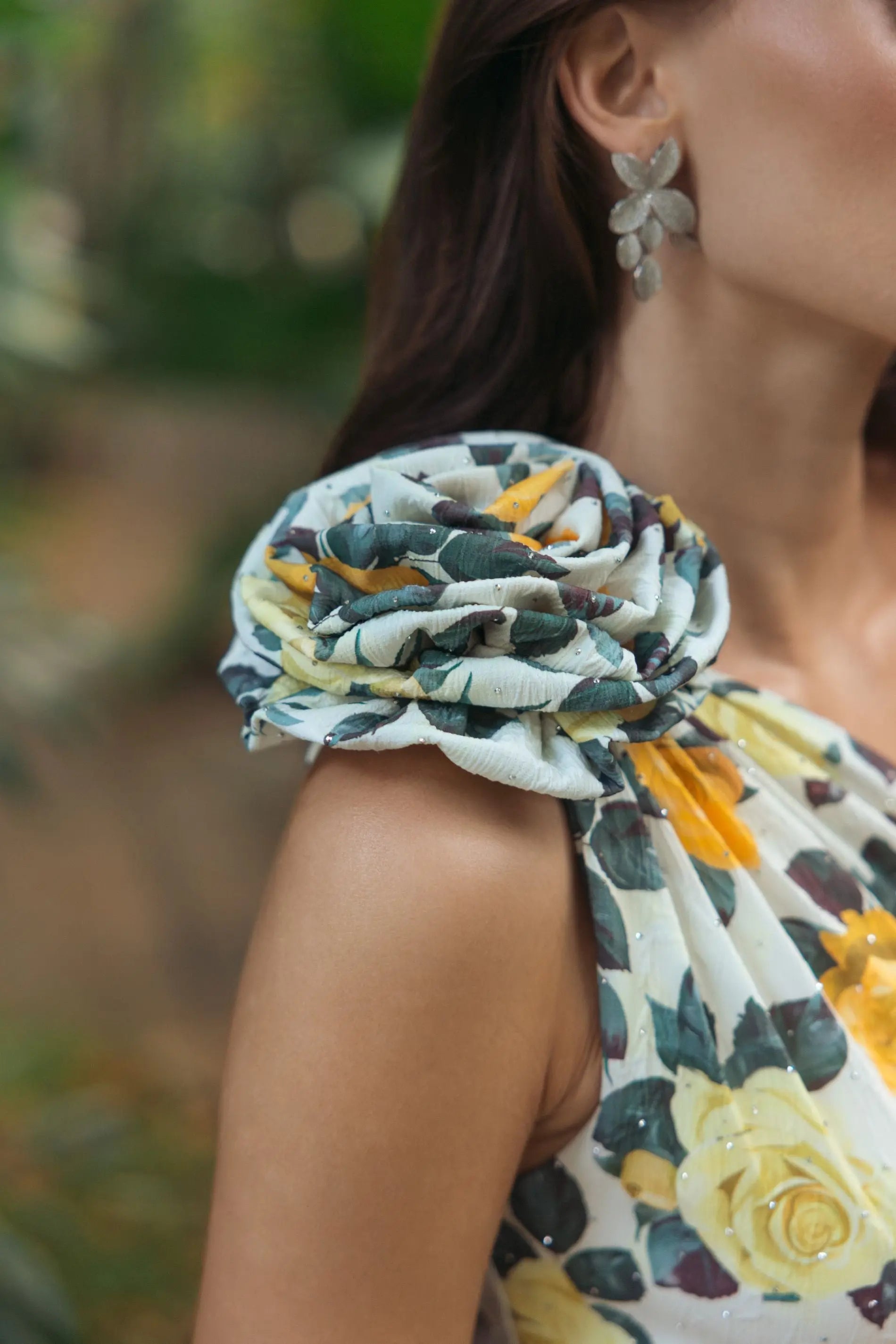 Yellow One Shoulder Floral Tiered Midi Dress-Myartka